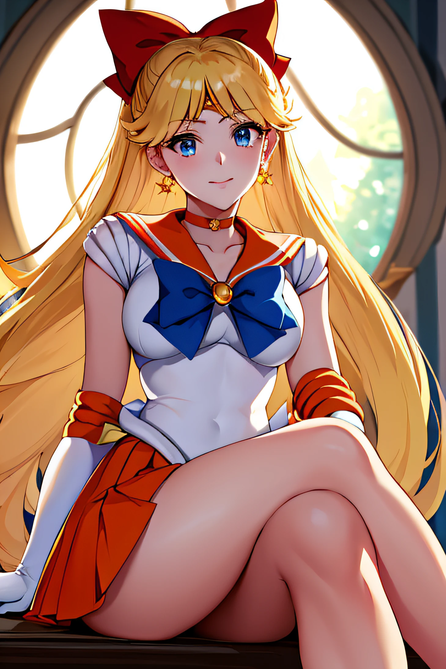 masterpiece, best quality, highres, venus1, 1girl, solo, sailor senshi uniform, sailor venus, aino minako, blonde hair, magical girl, blue eyes, orange skirt, elbow gloves, tiara, pleated skirt, hair bow, orange sailor collar, miniskirt, choker, red bow, orange choker, white gloves, very long hair,  jewelry,  earrings, sitting, crossed legs,