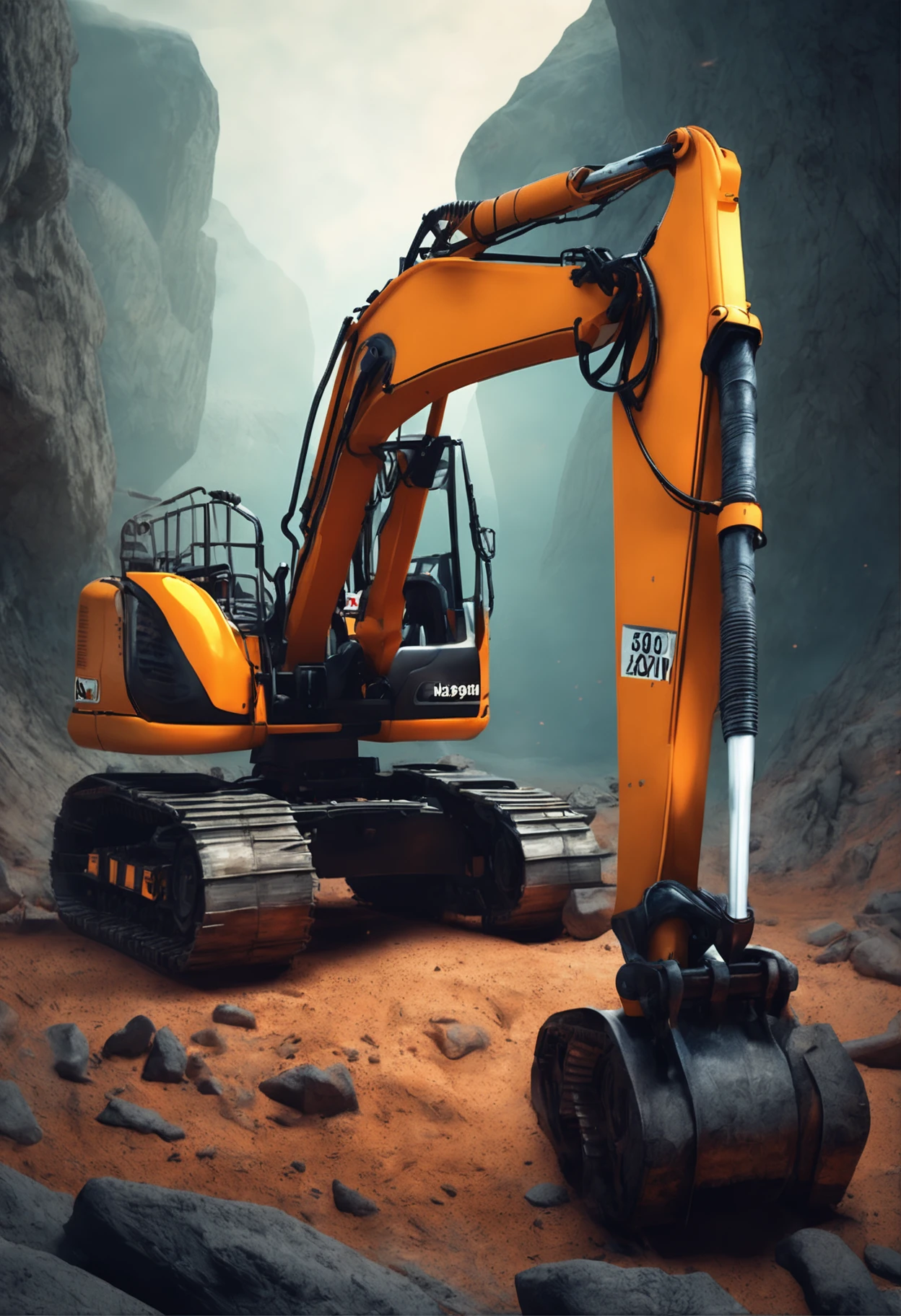 The new source wheeled excavator excavates on the lunar surface,Highlight the realistic side panorama of the excavator of the excavator,Glow and realistic background