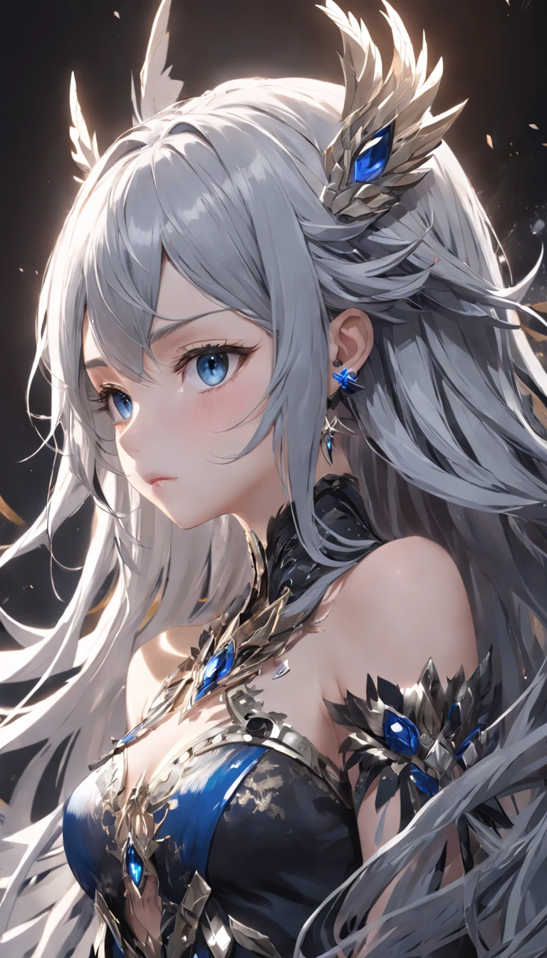 (extremely detailed CG unity 16k wallpaper:1.1), (Denoising strength: 1.45), (tmasterpiece:1.37), (beautiful detailed girl), a girl, solo, bare shoulders, flat_chst, diamond and glaring eyes, beautiful detailed cold face, very long blue and sliver hair, floaing black feathers, wavy hair, black and white sleeves, gold and sliver fringes, a (blackhole) behind the girl, a silver triple crown inlaid with obsidian, (sit) on the black ((throne)), (depth) of (field), illustration, (((masterpiece))), best quality