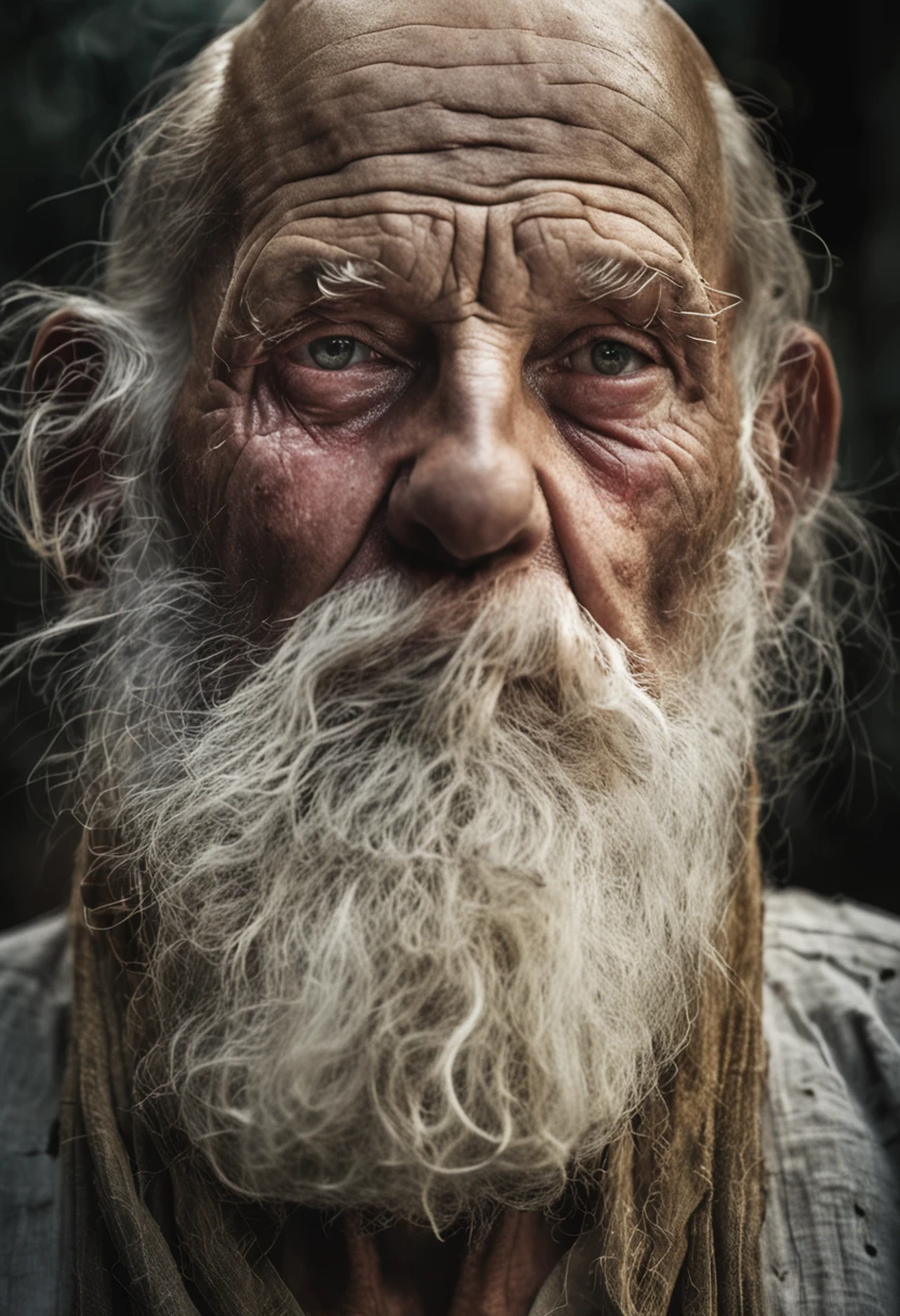 "A highly detailed and realistic close-up portrait of Job (Jo) from the Bible. He is an older man with a full, graying beard. His face is marked by deep sorrow, covered in painful sores and wounds, showing the extent of his suffering. His eyes reflect both anguish and an underlying sense of enduring faith. The background is dark and somber, highlighting the intense emotion and pain in Job's expression. The focus should be on his face, capturing the texture of his skin and the depth of his despair."