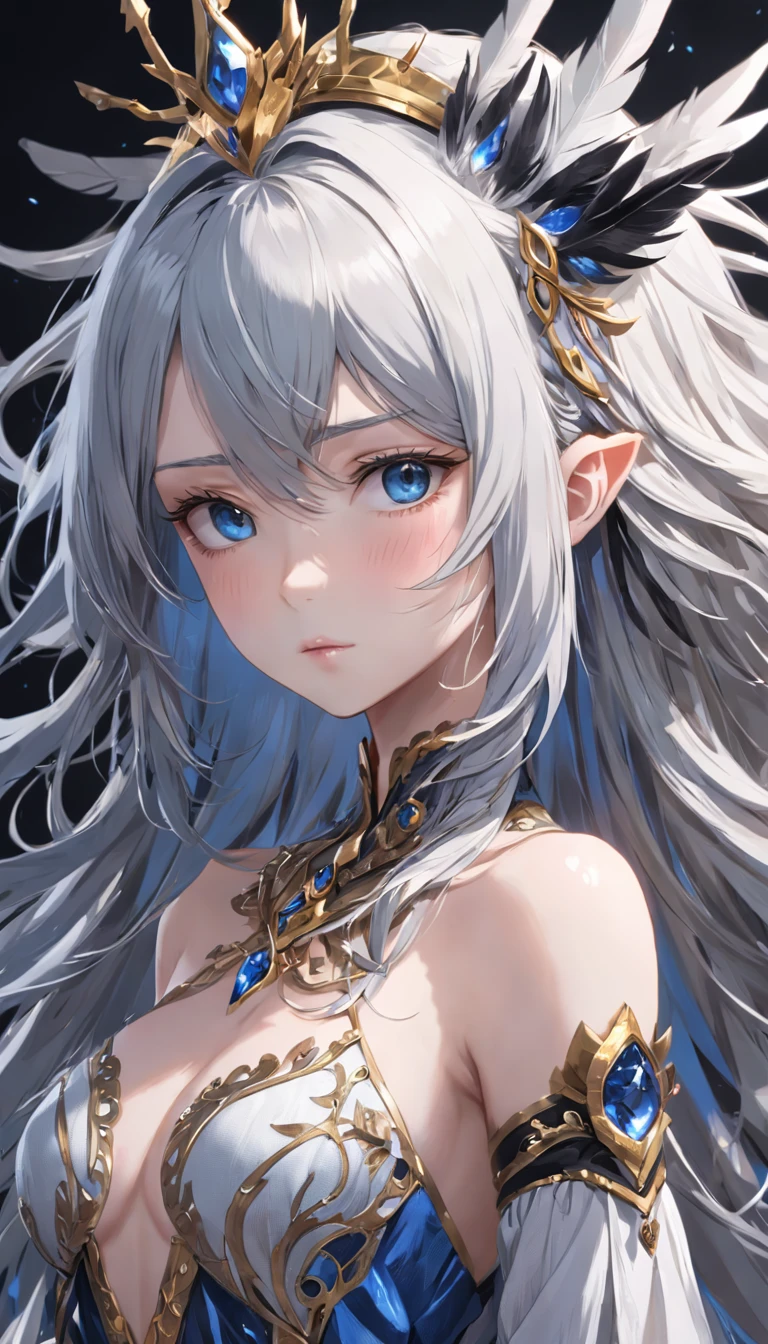 (extremely detailed CG unity 16k wallpaper:1.1), (Denoising strength: 1.45), (tmasterpiece:1.37), (beautiful detailed girl), a girl, solo, bare shoulders, flat_chst, diamond and glaring eyes, beautiful detailed cold face, very long blue and sliver hair, floaing black feathers, wavy hair, black and white sleeves, gold and sliver fringes, a (blackhole) behind the girl, a silver triple crown inlaid with obsidian, (sit) on the black ((throne)), (depth) of (field), illustration, (((masterpiece))), best quality