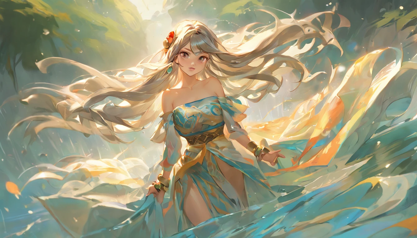 style of league of legends,Woman in off-the-shoulder clothes,Life-size colorful long hair,Serious expressions,Complex clothing,Beautiful patterns are engraved on clothes,Fair and attractive thighs are exposed,The long skirt swayed in the wind,Creek reflection