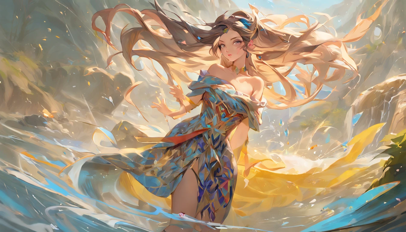 style of league of legends，Woman in off-the-shoulder clothes，Life-size colorful long hair，Serious expressions，Complex clothing，Beautiful patterns are engraved on clothes，Fair and attractive thighs are exposed，The long skirt swayed in the wind，Creek reflection