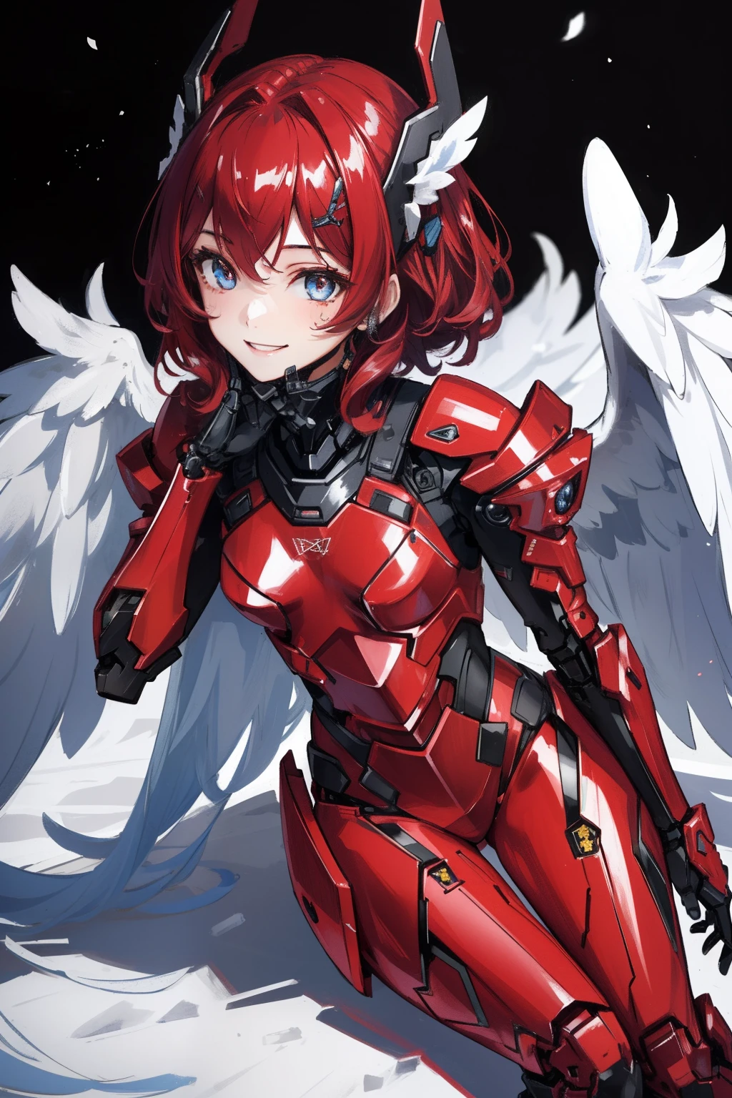 (master piece, Best Quality), Intricate details, valkyrie, kawaii, (((Cheerful smile))), Laugh, Looking at Viewer, Feather Headgear, Night, (((In the black room))), Sitting, Hand up, student, upper body, light particles,
1girl in, Solo, Realistic, ultra-detailliert, (Shiny skin:1.4), Absurd, slender, Dynamic lighting, High resolution, Sharp Focus, depth of fields, Detailed eyes, Sharp pupils, Realistic pupils, (flat breast), (thick thighs:1.0),
Portrait, swept bangs, short hair with black curly hair, Sapphire drooping eyes, crimson thighs, Deep Red Detached Single Sleeve, Robot joints, Crimson Grove, Crimson bodysuit, Crimson reinforced suit, closed Flamingo wings, pantyhose, Crimson Full Armor, flower decoration,