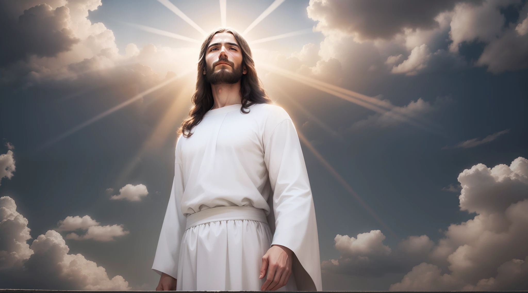 Jesus Christ in humble white clothes in the clouds toward the gates of heaven, insanely realistic with rays of light on his face