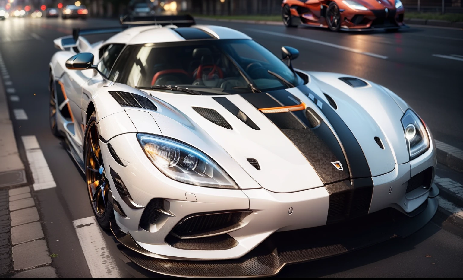 Koenigsegg agera sitting parked on a city street, evening , perfect  lighting