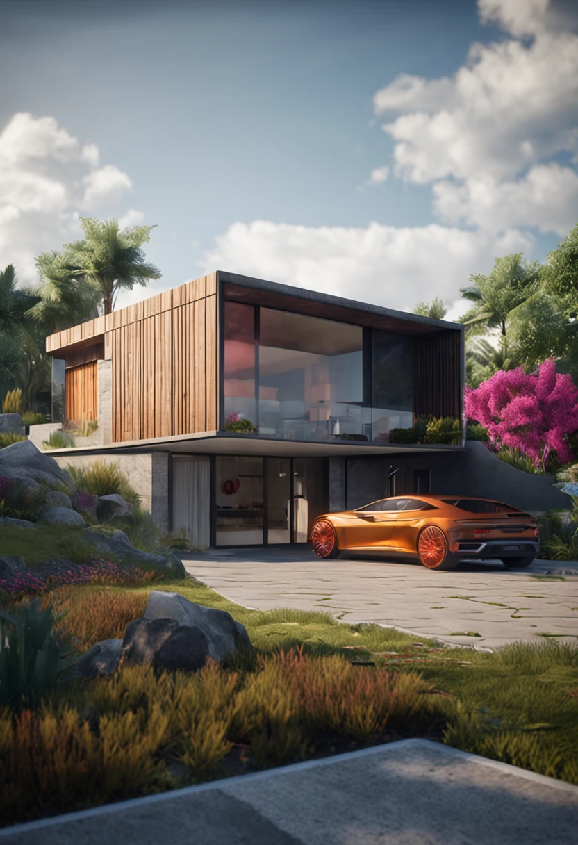 Residential houses, There are a lot of glass and concrete walls, lawns, 8K, Ultra-realistic, prime time