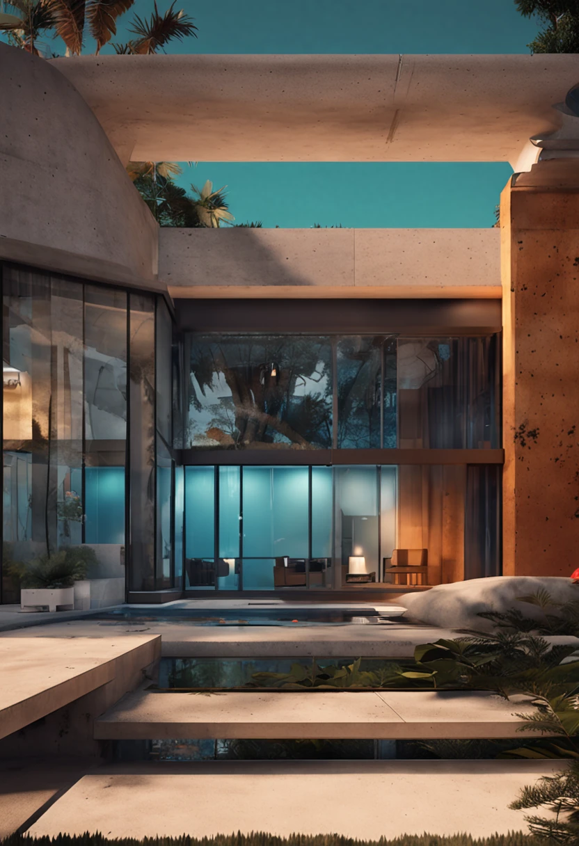 Residential houses, There are a lot of glass and concrete walls, lawns, 8K, Ultra-realistic, prime time