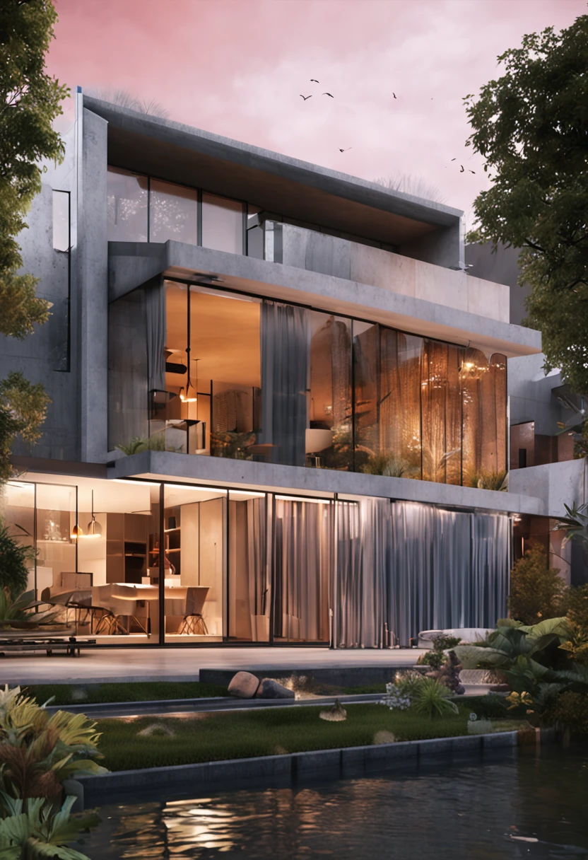 Residential houses, There are a lot of glass and concrete walls, lawns, 8K, Ultra-realistic, prime time