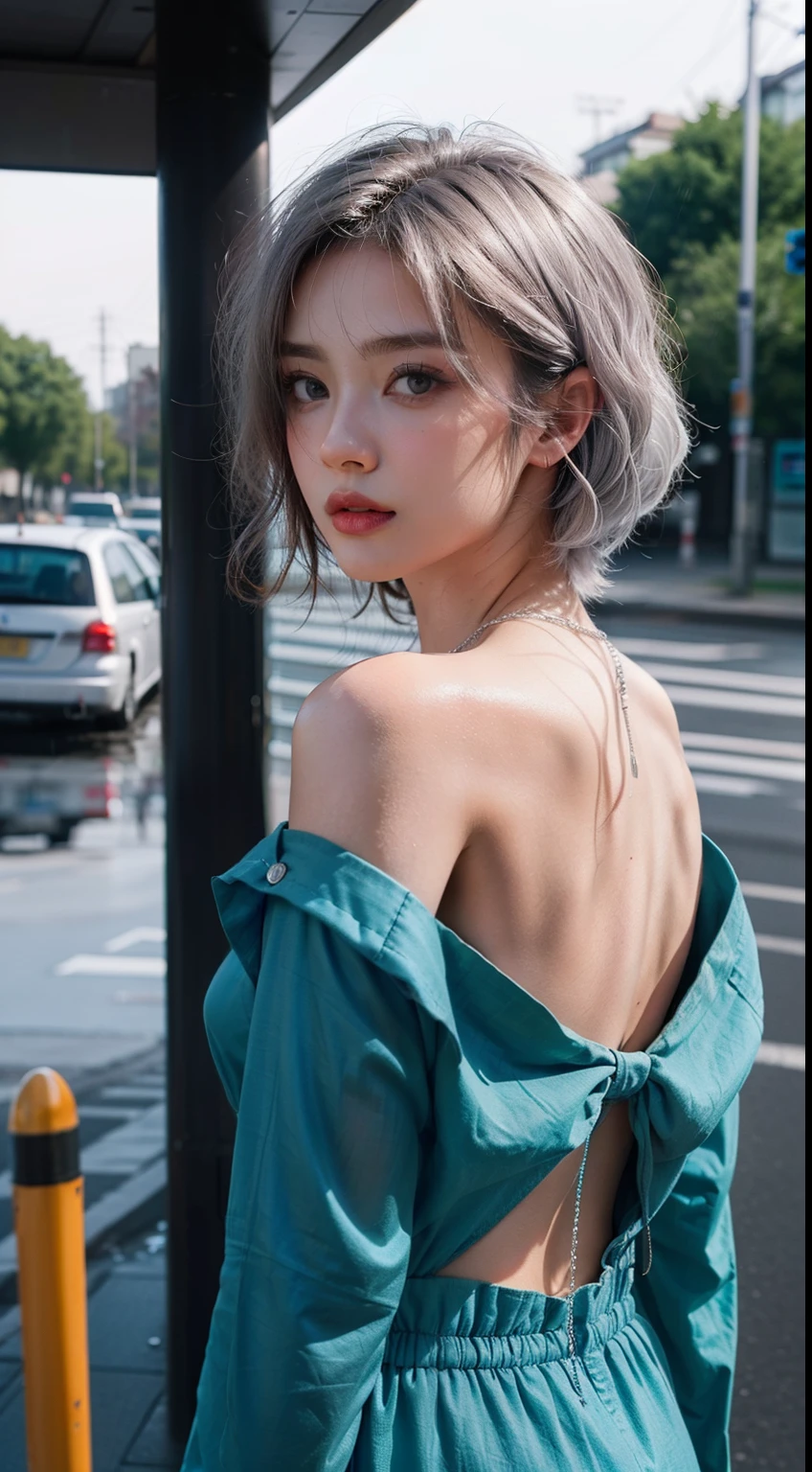 masutepiece,8K,masutepiece,Best Quality, Extremely detailed, Best Quality++, Ultra-detailed+, Dynamic Angle,High resolution,(Beautiful Woman 1.3),(Silver hair,Pink Dip Die Hair 1.1),Bob Hair,Shiny hair,Light green eyes,(((Beautiful gal makeup))),slender,(Sleek back hair 1.5),(Sharp Body 2.0),drooping eyes,grievances,envy, Blunt bangs, Sailor Suit, Drenched sailor suit, Wet hair, ,Rain, Rain bus stop, Night, cinematic proof,Wet hair, Wet body, Necklaces, Jewelry