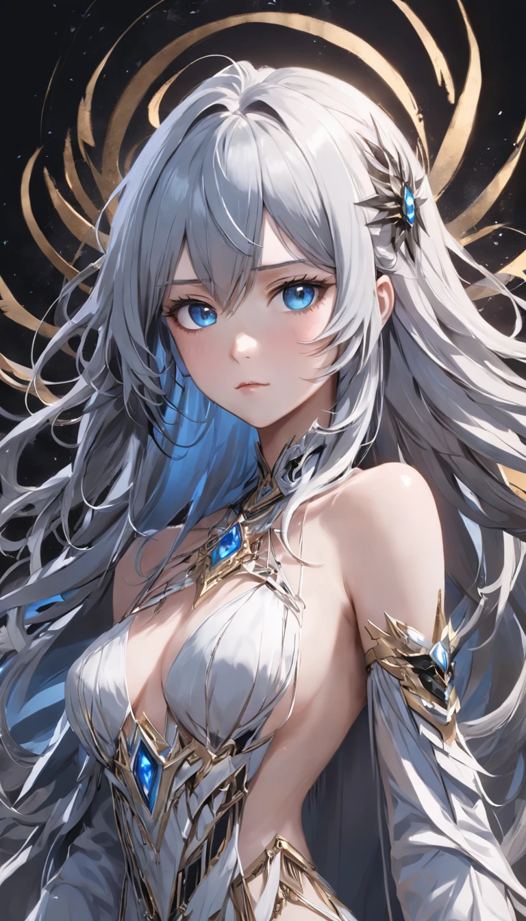 (extremely detailed CG unity 16k wallpaper:1.1), (Denoising strength: 1.45), (tmasterpiece:1.37), (beautiful detailed girl), a girl, solo, bare shoulders, flat_chst, diamond and glaring eyes, beautiful detailed cold face, very long blue and sliver hair, floaing black feathers, wavy hair, black and white sleeves, gold and sliver fringes, a (blackhole) behind the girl, a silver triple crown inlaid with obsidian, (sit) on the black ((throne)), (depth) of (field), illustration, (((masterpiece))), best quality