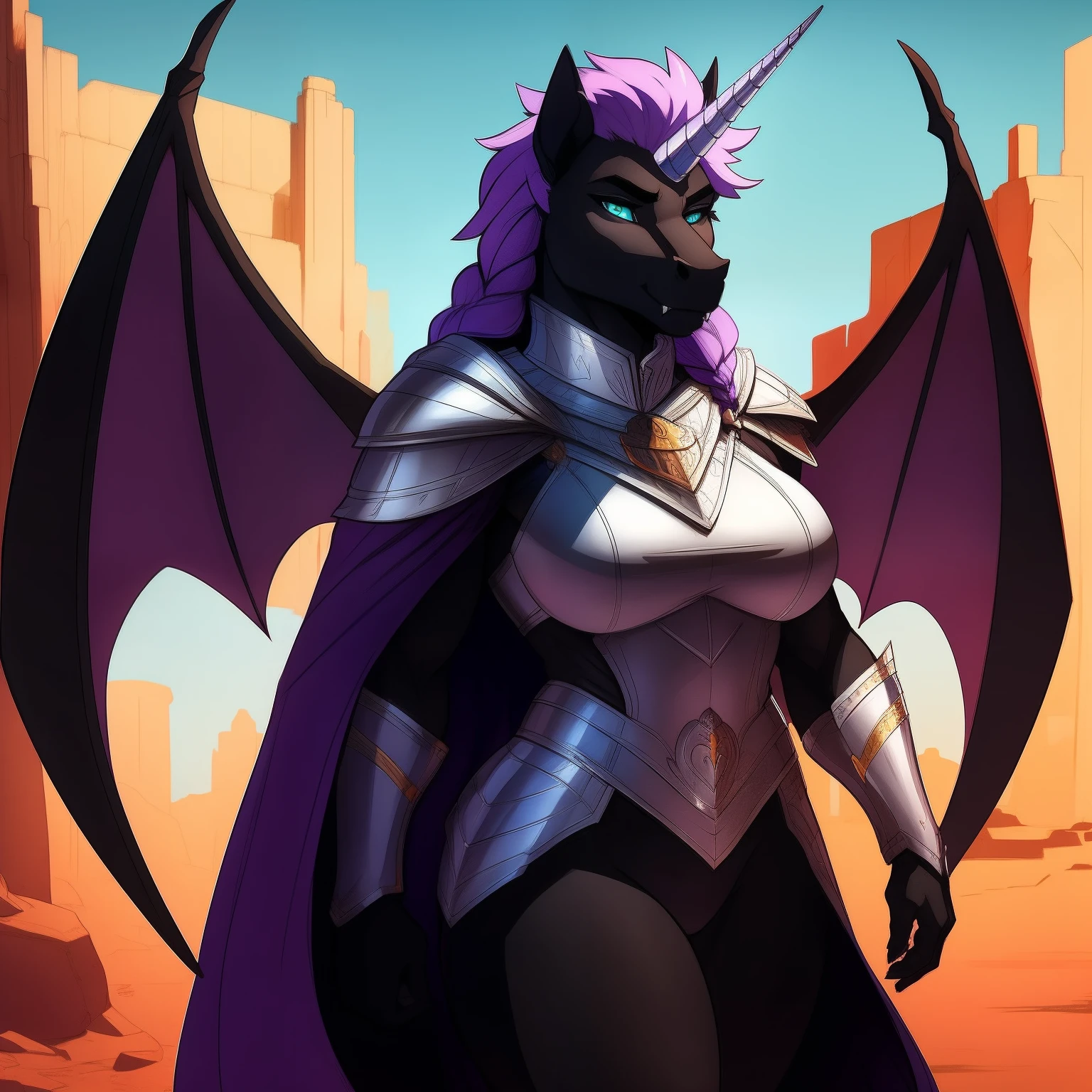 muscular_mature_horse female faded_dark_purple_mane braided_hair black_furry_body teal_eyes cat_eyes solo Masterpiece best_quality absurdres highly_detailed cleanly_drawn_eyes fangs bat_wings purple_eyeshadow starry_mane long_black_unicorn_horn horse_snout anthro_only seductive_gaze sultry large_breasts purple_doublet silver_crown silver_gorget fur_cape by_claweddrip by_greasymojo, by_underscore-b by_runawaystride