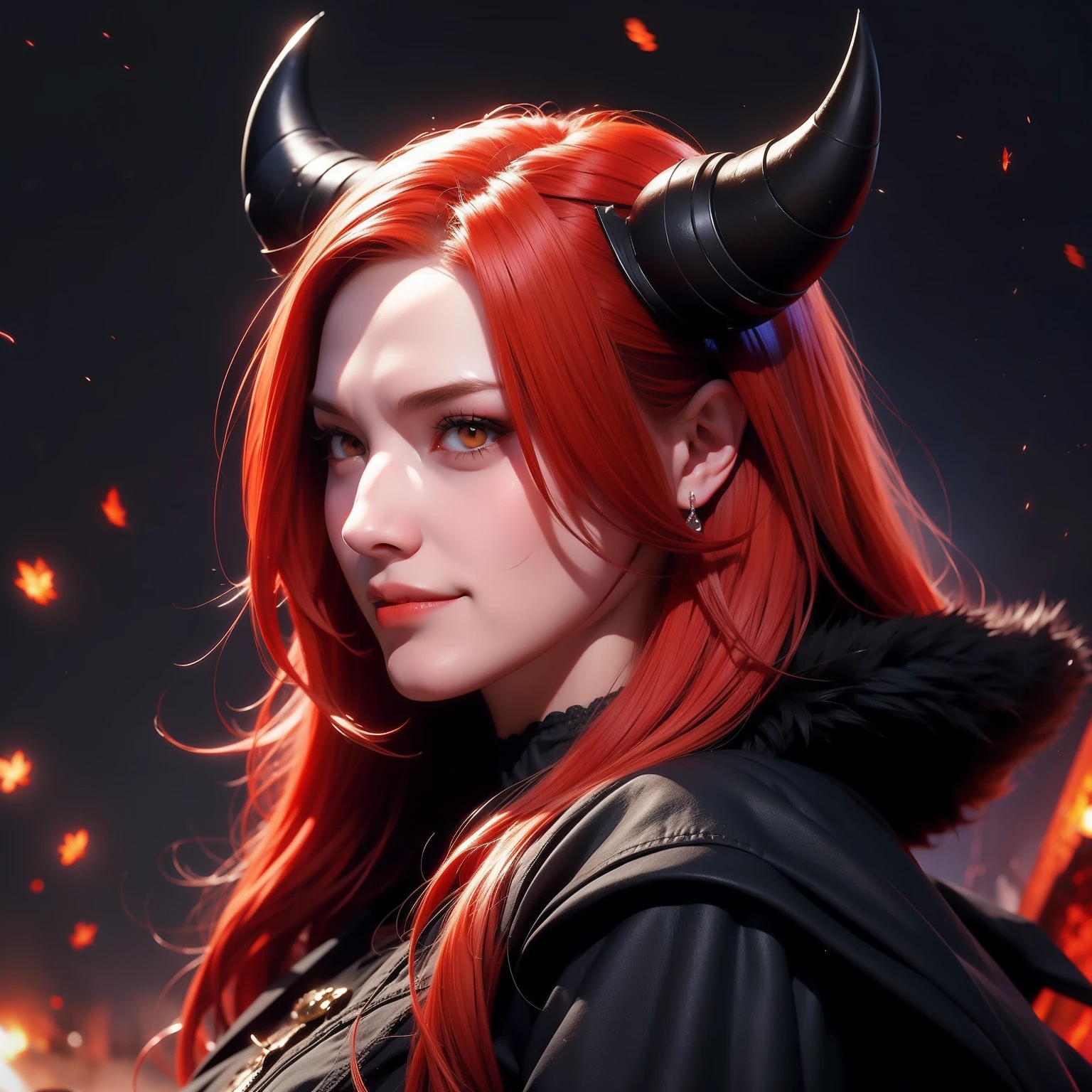 A woman, with red hair, orange eyes, black horns, evil face, wicked smile, flying hair, medieval destruction background