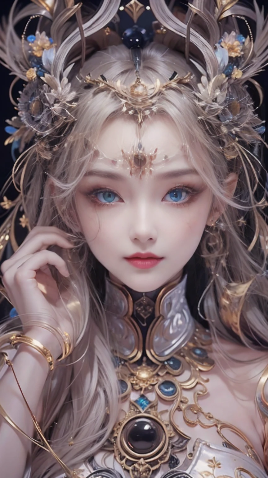 (((Body Portrait)))、(best qualtiy,ultra - detailed,Most Best Illustration,Best Shadow,tmasterpiece,hight resolution,professionalartwork,famousartwork),(Detailed eyes,beautidful eyes),(Depiction of cleavage),sci-fy,colored sclera,(((Black and beautiful eyes,Black eyes)))、face markings,tattooed,(fractalized,Fractal Eye),largeeyes,wide eyes,Eye focus,((Details of face)),the eye of the universe,Metal sculpture depiction of woman with moon in hair,goddes。extremely high detail,goddess portrait,Highly detailed footage of the goddess,a stunning portrait of a goddess,Side image of the goddess,portrait of a beautiful goddess,(Full body close-up of goddess),Goddess of Hecate,portrait of a norse moon goddess,goddess of space and time、((masterpiece、top-quality、ultra-definition、hight resolution))、4K picture quality、(Extraordinary Beauty)、