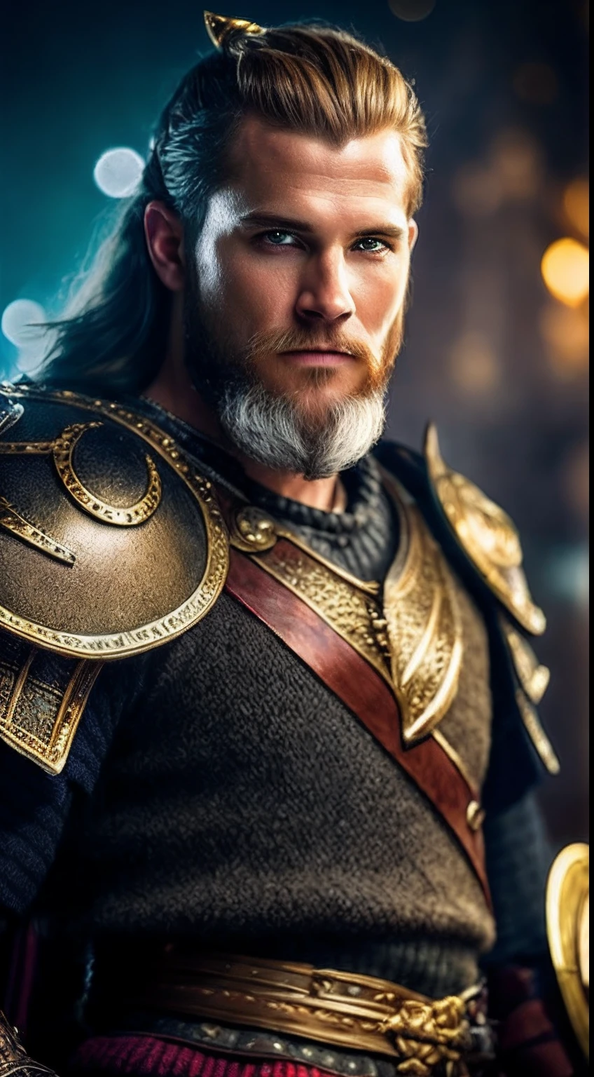 A very handsome and attractive middle age man, full focus, tiltshift, ethereal, cinematic, shimmering lights, vikings, god, mythological king