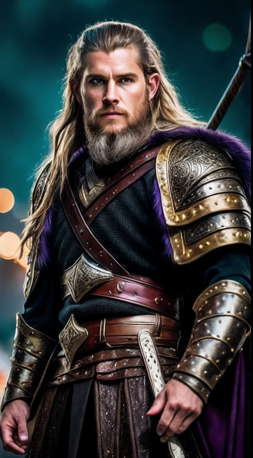 A very handsome and attractive middle age man, full focus, tiltshift, ethereal, cinematic, shimmering lights, vikings, god, mythological king