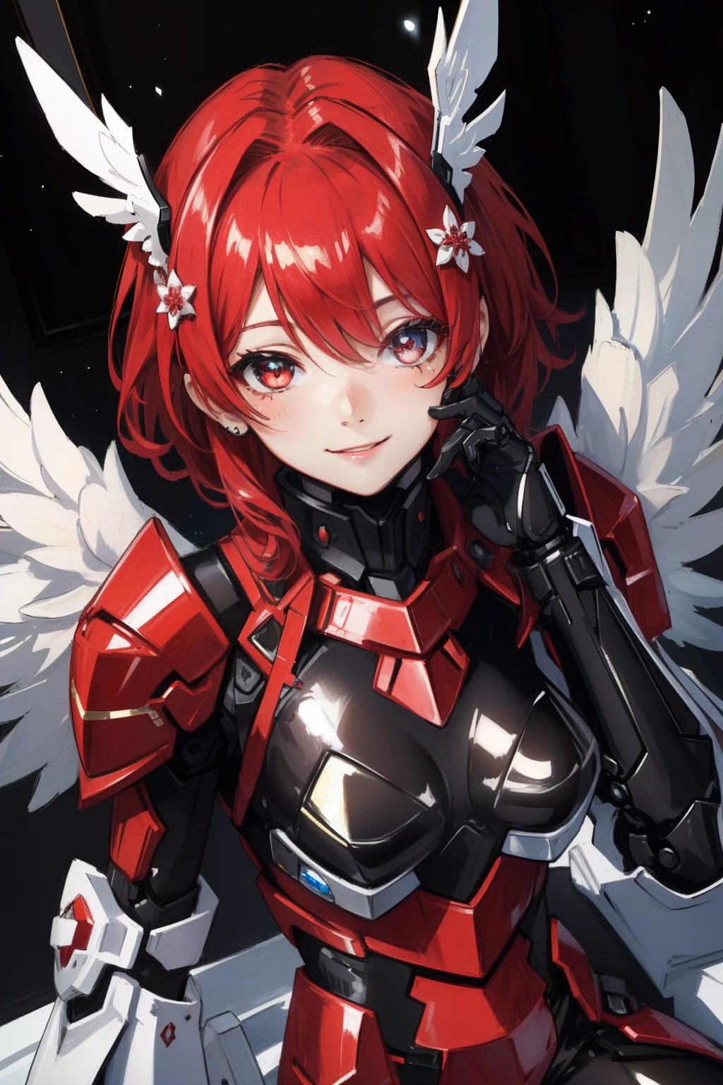 (​master piece, Best Quality), Intricate details, valkyrie, kawaii, (((Cheerful smile))), Laugh, Laugh, Laugh, Laugh, Laugh, Looking at Viewer, Feather Headgear, Night, (((In the black room))), Sitting, Hand up, 15yo student, upper body, light particles, 

1girl in, Solo, Realistic, ultra-detailliert, (Shiny skin:1.4), Absurd, slender, Dynamic lighting, High resolution, Sharp Focus, depth of fields, Detailed eyes, Sharp pupils, Realistic pupils, (flat breast), (thick thighs:1.0), 

Portrait, swept bangs, short hair with black curly hair, Sapphire drooping eyes, crimson thighs, Deep Red Detached Single Sleeve, Robot joints, Crimson Grove, Crimson bodysuit, Crimson reinforced suit, closed fire wings, pantyhose, Crimson Full Armor, flower decoration,