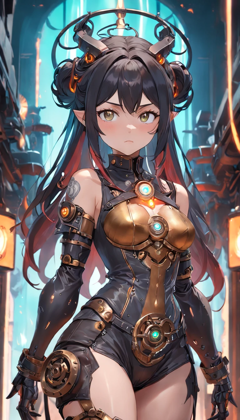 Archer girl(extremely detailed CG unity 16k wallpaper:1.1), (Denoising strength: 1.45), (tmasterpiece:1.37), (Full body posing:1.4:), whole-length; head to toe; up front view; Archer girl, People with iron faces; Closed dress; Glowing eyes; steampunc; Clockwork;  Demonic vibe; steampunc; whole-length; head to toe; up front view;
