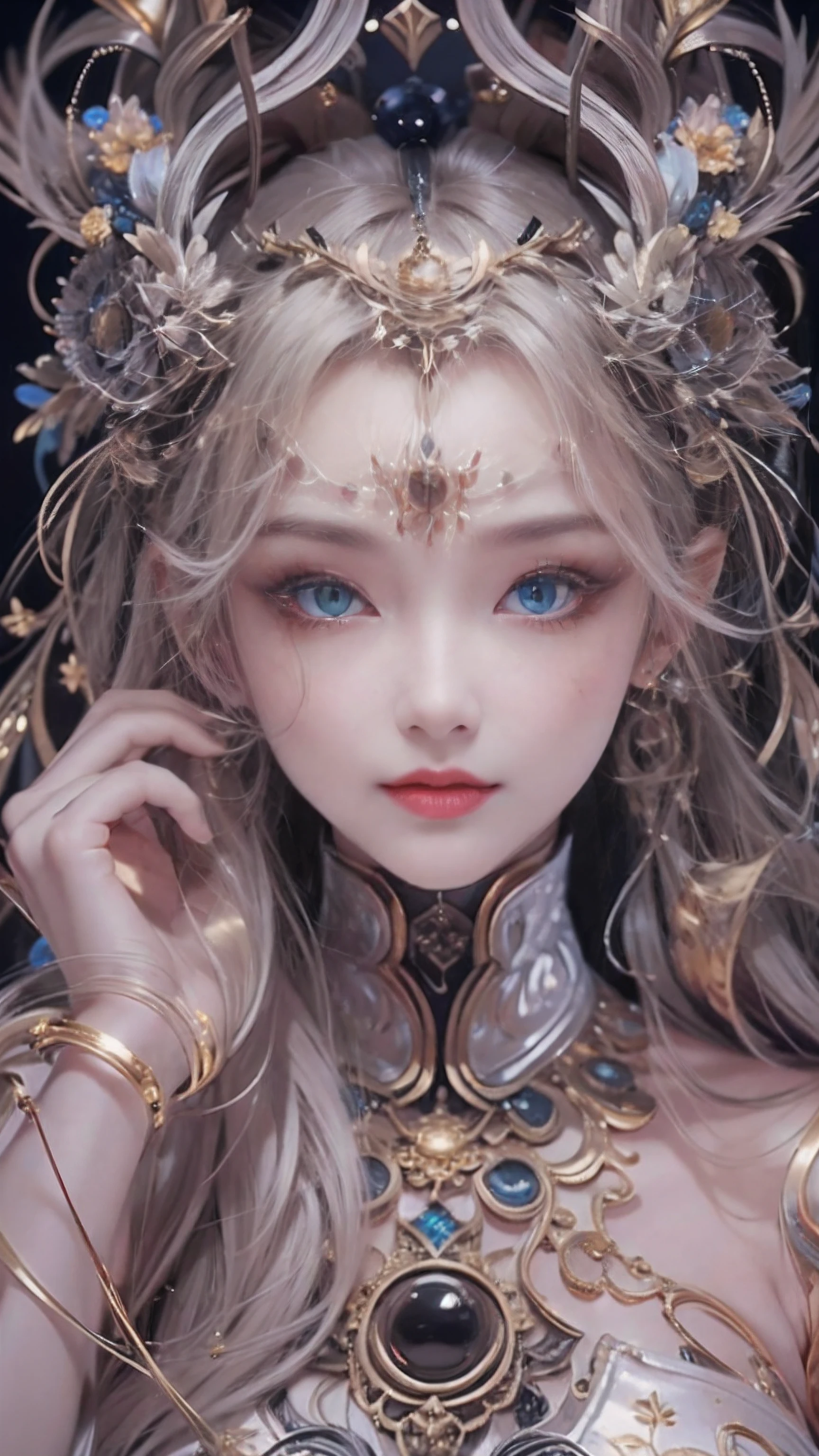 (((Body Portrait)))、(best qualtiy,ultra - detailed,Most Best Illustration,Best Shadow,tmasterpiece,hight resolution,professionalartwork,famousartwork),(Detailed eyes,beautidful eyes),(Depiction of cleavage),sci-fy,colored sclera,(((Black and beautiful eyes,Black eyes)))、face markings,tattooed,(fractalized,Fractal Eye),largeeyes,wide eyes,Eye focus,((Details of face)),the eye of the universe,Metal sculpture depiction of woman with moon in hair,goddes。extremely high detail,goddess portrait,Highly detailed footage of the goddess,a stunning portrait of a goddess,Side image of the goddess,portrait of a beautiful goddess,(Full body close-up of goddess),Goddess of Hecate,portrait of a norse moon goddess,goddess of space and time、((masterpiece、top-quality、ultra-definition、hight resolution))、4K picture quality、(Extraordinary Beauty)、