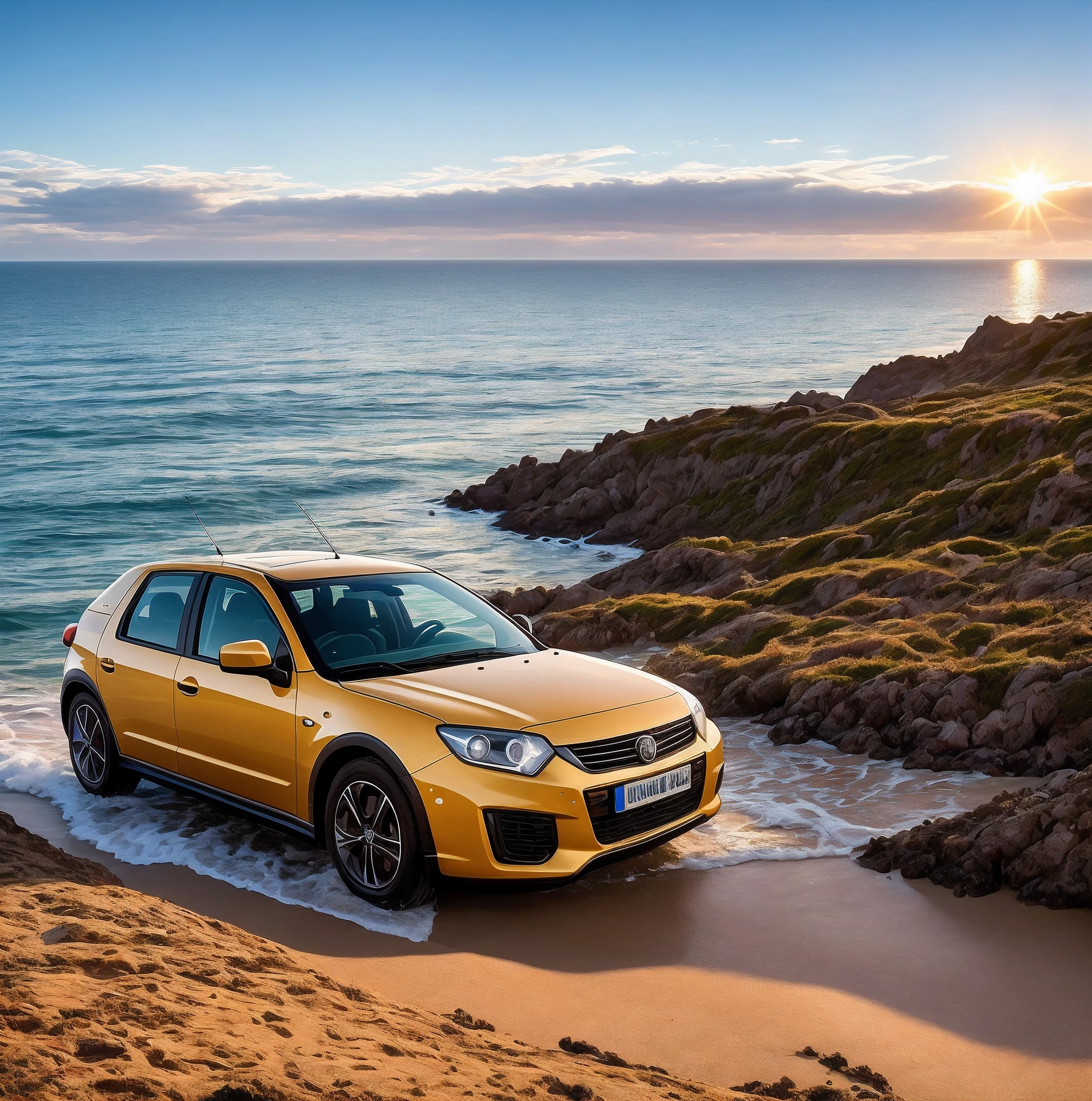 [carro voador 1.5], An adapted car with helicopter propellers, cabine de vidro azulado, lataria em ouro, (((sobrevoando o mar))), The sky with few clouds, o mar tranquilo, On the horizon there is an island and the sun setting. Arte intrincada, detalhes apurados, Arte premiada, 8k