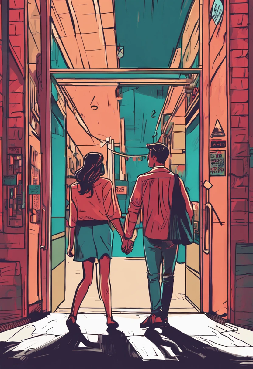A young couple, holding hands standing at the door of the supermarket, smiling, close-up, upper half deep, the best picture quality,