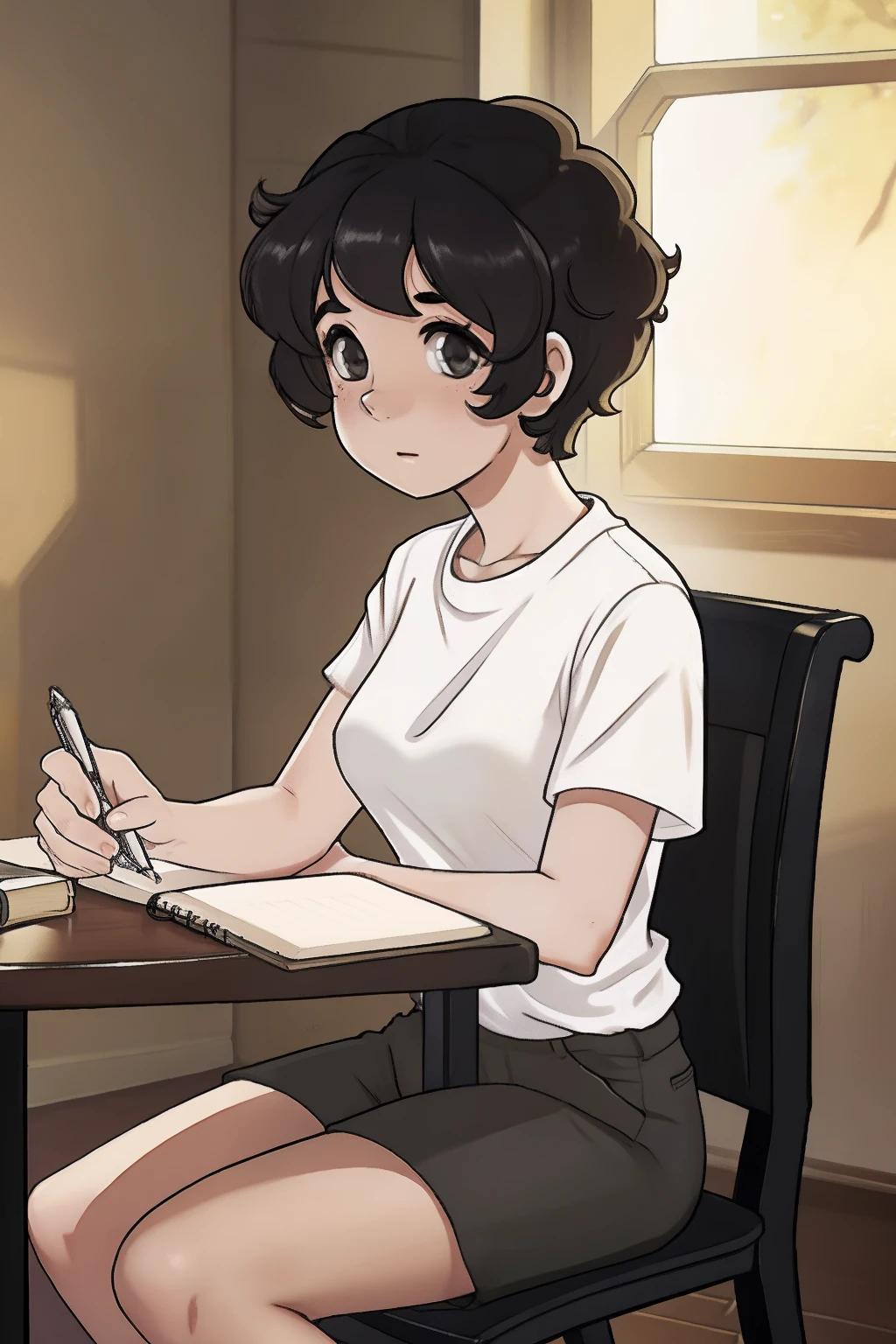 woman, white skin color, extremely short hair, curly hair, black t-shirt, beige shorts, sitting in a chair, table with notebook, soft lighting, studying, (Very high quality),4K