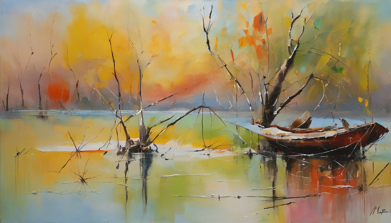 Landscape, fishing boat, willow, flying geese