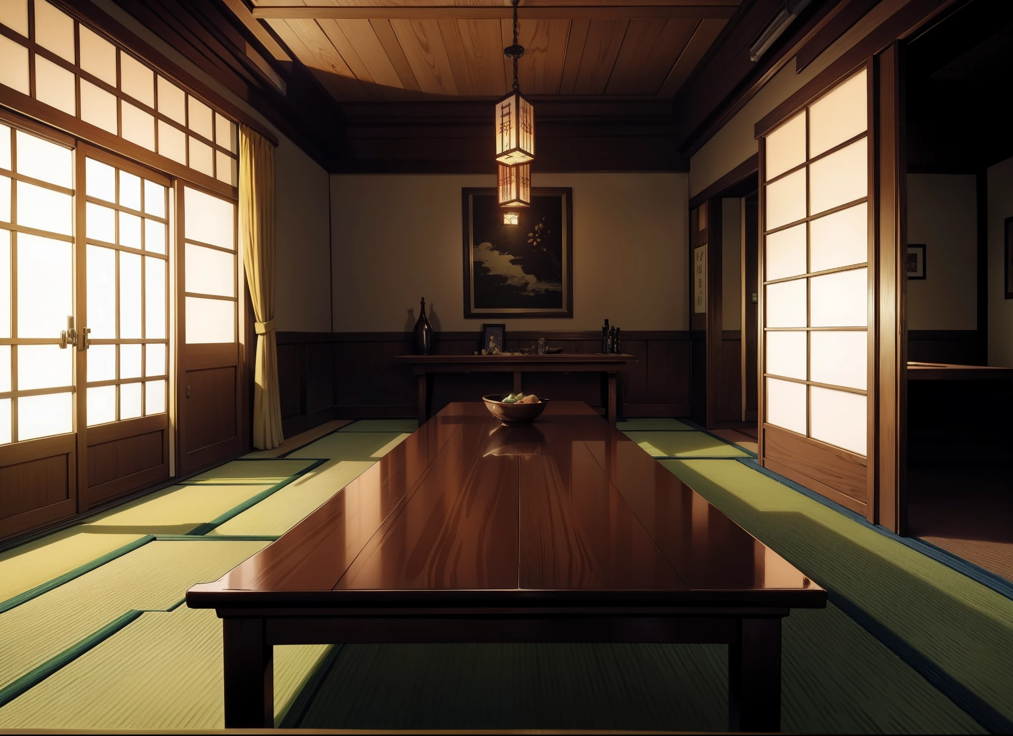 Anime scene,dark image of a japanese dining room in the castle interior, shinkai makoto artstyle, drama