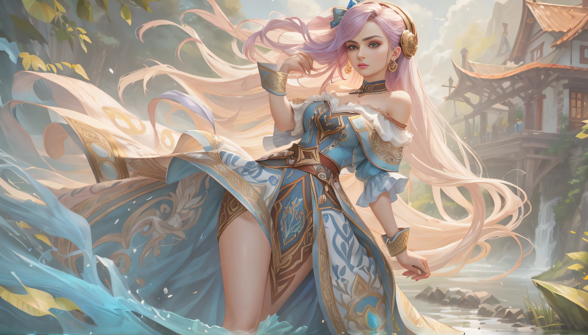 style of league of legends，Woman in off-the-shoulder clothes，Life-size colorful long hair，Serious expressions，Complex clothing，Beautiful patterns are engraved on clothes，Fair and attractive thighs are exposed，The long skirt swayed in the wind，Creek reflection