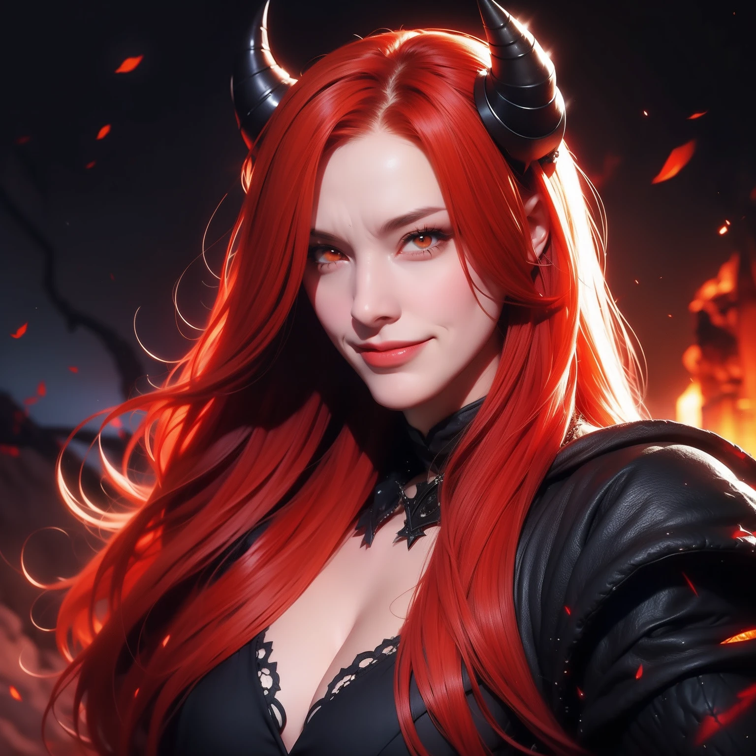 a woman, with red hair, orange eyes, black horns, evil face, wicked smile, flying hair, medieval destruction background, evil smile