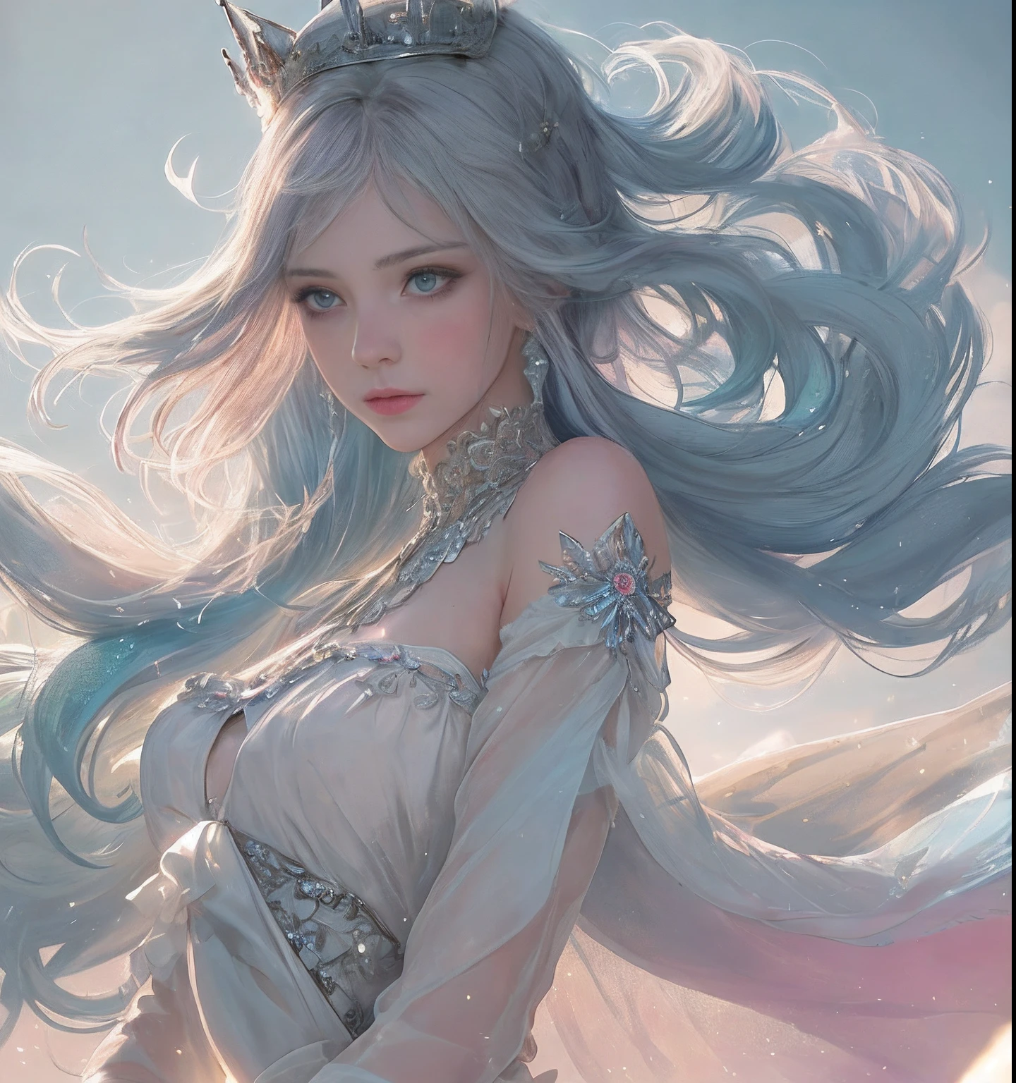 masterpiece,最High resolution,Bust of a Beautiful Noble Maiden,Delicate braided hair,Curly Hair,Shining, clear eyes,Her hair is covered with beautiful and delicate floral detailing., crystallization、diamond jewelry filigree,Super detailedな詳細,Upscaling,Soft Lighting。(masterpiece, 最high quality, the best, Official Art, Beautiful and beautiful, Long-term exposure: 1.2), Smooth movement, Attractive patterns, 1 Girl, (Long sleeve dress: 1.3), (((White clothes) )), Delicate face,Lavender colored hair,Wavy Hair, Gradient Hair,Long Hair, Bare shoulders, ,Detailed Background, Delicate face, (crystallization化したアルミニウム, Crystal Theme:1.1), Elemental , Dynamic pose, Suspended particles, Ethereal atmosphere,gem,One girl,goddess,Delicate and beautiful face,Flowing,Full Breast,Perfect balance, Detailed clothing details,Cinema Lighting, Film Grain, Fujicolor, Light and dark contrast, 8K, masterpiece, Textured skin, Super detailed, High detail, high quality, High resolution,(最high quality, masterpiece, Dynamic Angle, Highest Details),Wearing the Crown,White background