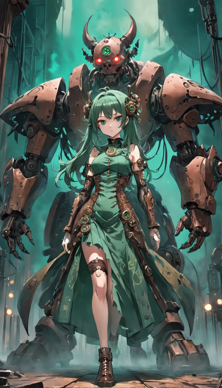 (Ferocious dark green savage:1.5), (extremely detailed CG unity 16k wallpaper:1.1), (Denoising strength: 1.45), (tmasterpiece:1.37), (Full body posing:1.4:), whole-length; head to toe; up front view; Savage, People with iron faces; Closed dress; Glowing eyes; steampunc; Clockwork; Demonic vibe; steampunc; whole-length; head to toe; up front view;