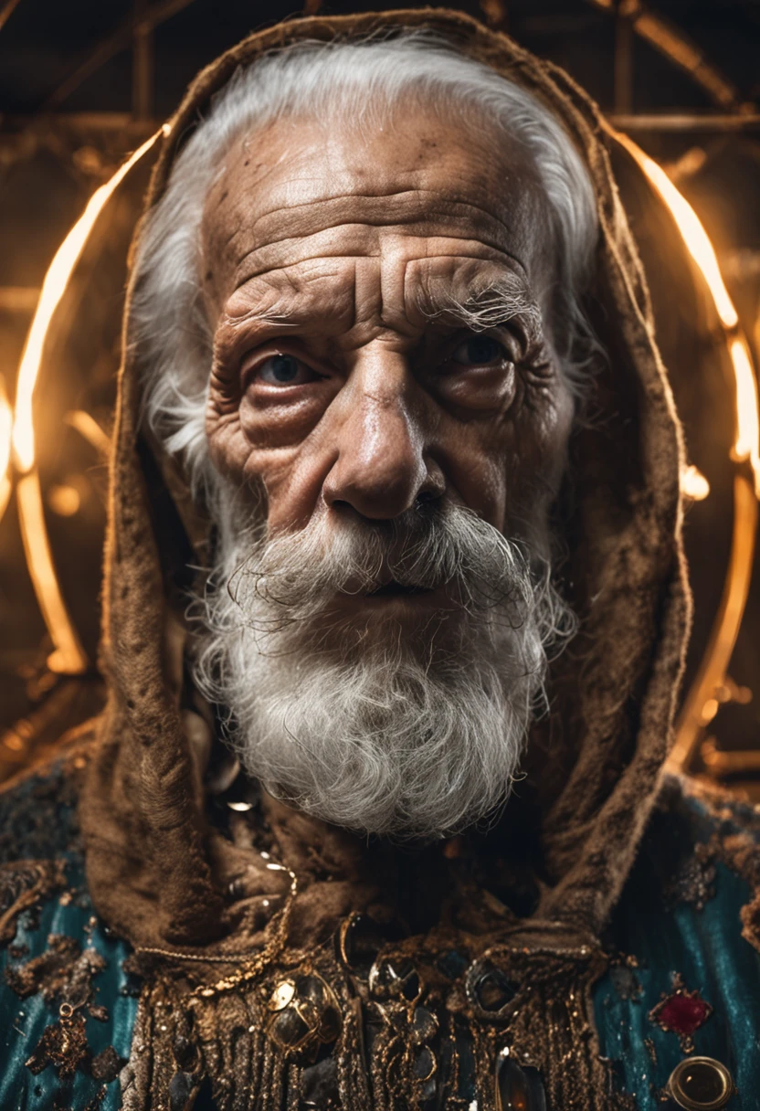 Epic close-up portrait，Strong sinister eyes in old age，Long white beard，Long Nose，(bald-headed：1.5)，Framed with faded old outfits, Tattered white linen hood，reflecting golden sparks in the irises of the eyes，White eyebrows，is in night，dramatic  lighting，hight contrast，Highest definition，ultra-realistic realism，ultra-realistic realism，realisticlying，A high resolution，HDR photography，8K，