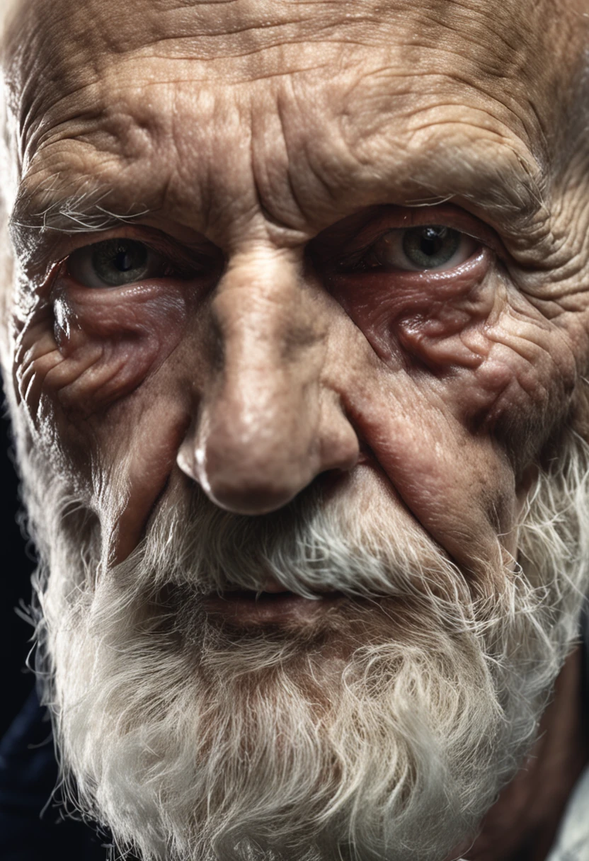 Epic close-up portrait,Strong sinister eyes in old age,Long white beard,Long Nose,(bald-headed:1.5),Framed with faded old outfits, Tattered white linen hood,reflecting golden sparks in the irises of the eyes,White eyebrows,is in night,dramatic lighting,hight contrast,Highest definition,ultra-realistic realism,ultra-realistic realism,realisticlying,A high resolution,HDR photography,8K,