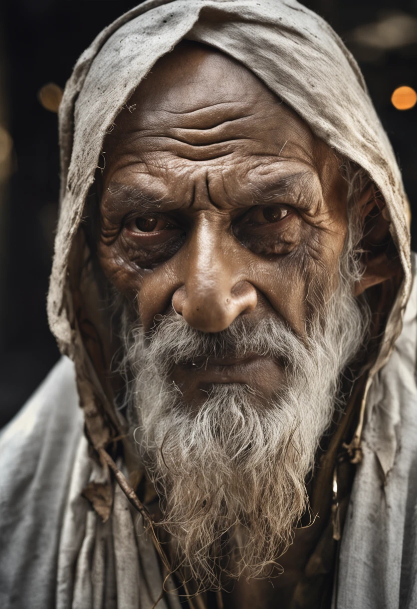 Epic close-up portrait,Strong sinister eyes in old age,Long white beard,Long Nose,(bald-headed:1.5),Framed with faded old outfits, Tattered white linen hood,reflecting golden sparks in the irises of the eyes,White eyebrows,is in night,dramatic lighting,hight contrast,Highest definition,ultra-realistic realism,ultra-realistic realism,realisticlying,A high resolution,HDR photography,8K,