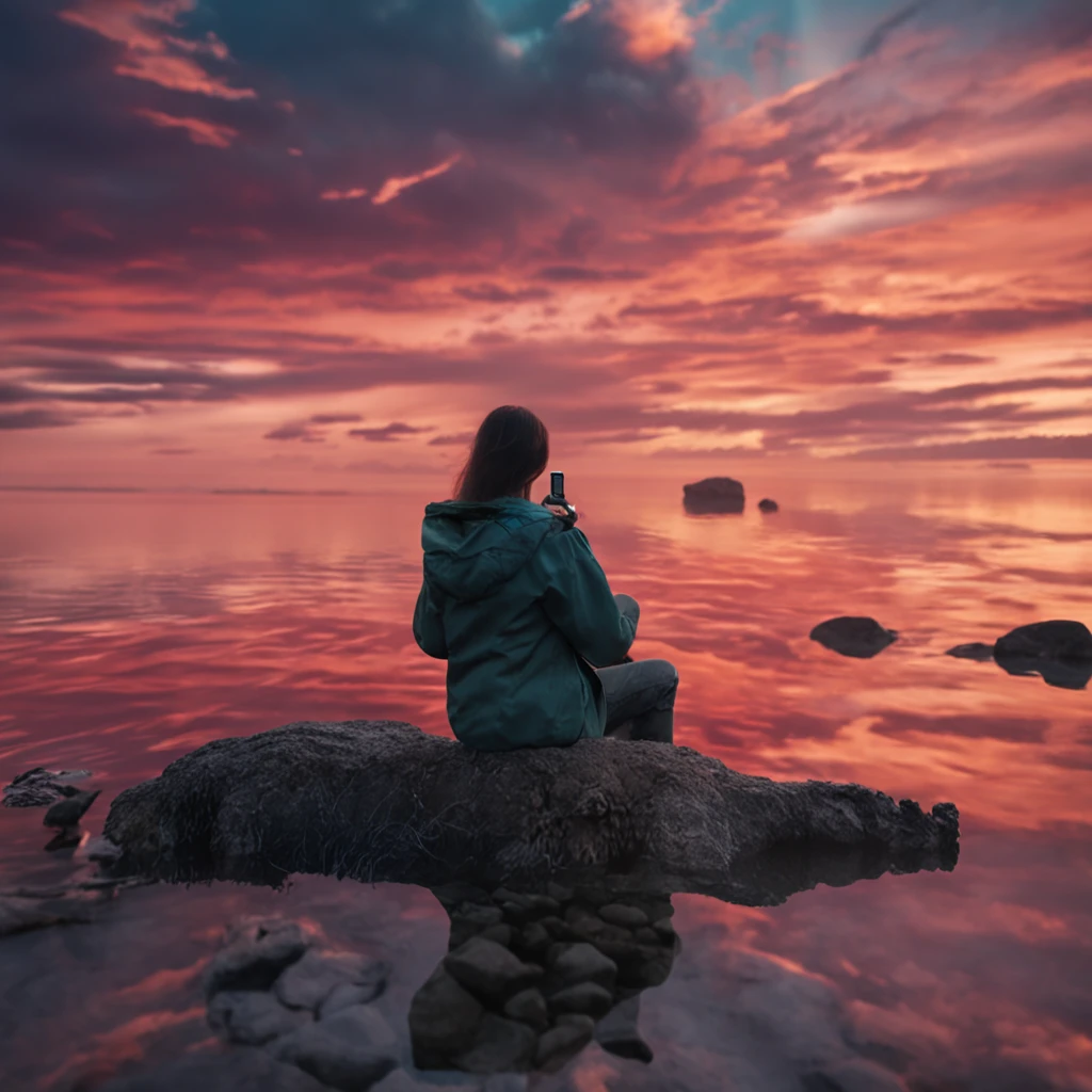 tmasterpiece,best qualtiy,Cinematic film stills,An alfield woman holding a remote control in front of a rock, DJI drones are flying in the sky with cameras., Close-up of a person standing in front of a body of water, bright,Tolerable,Warm and soft lighting,Sundown