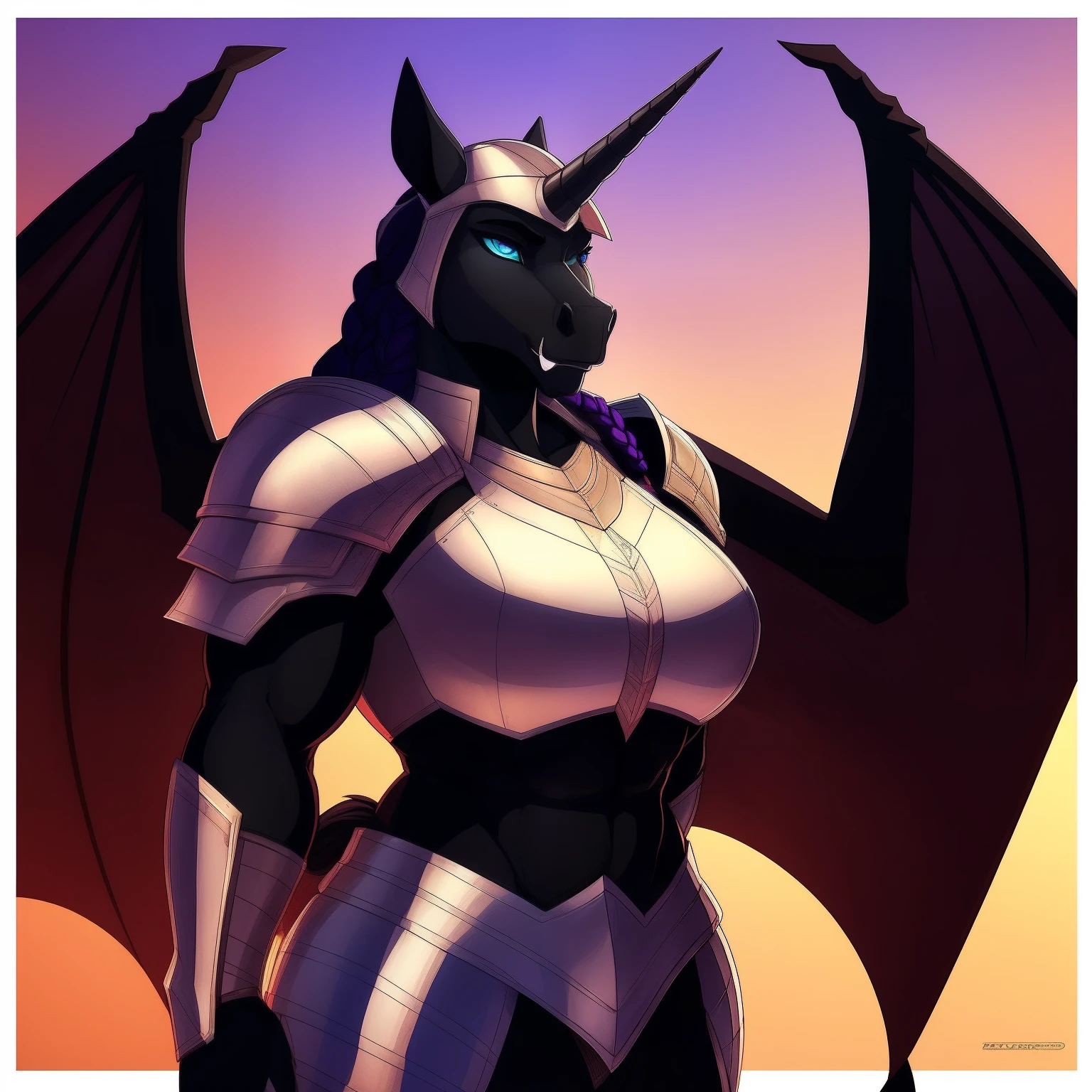 muscular_mature_horse female faded_dark_purple_mane braided_ponytail black_furry_body teal_eyes cat_eyes solo Masterpiece best_quality absurdres highly_detailed cleanly_drawn_eyes heavy_plate_armor bevor fangs bat_wings helmet purple_eyeshadow long_black_unicorn_horn horse_snout anthro_only seductive_gaze sultry by_claweddrip by_greasymojo by_underscore-b by_runawaystride