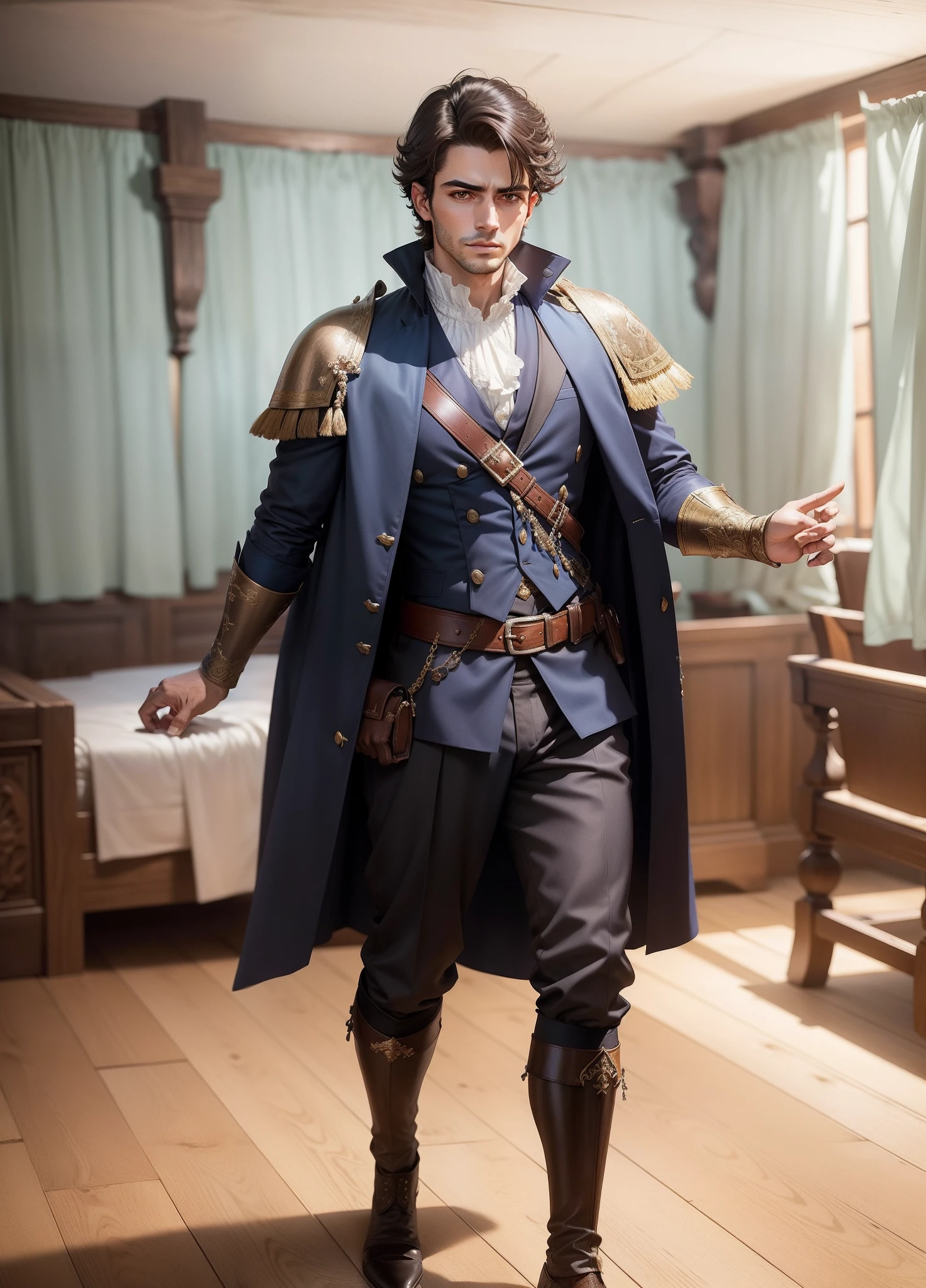 Ruy Dias, 16th century, renaissance, age of exploration, young, blue veins, handsome, aristocrat clothes, Portuguese, man, delicate, ambitious, interested in woman, strong desire, intense interest, betrayer, liar, disloyal, suspicious, background is in wooden medieval Captain's cabin, seductive, veiny