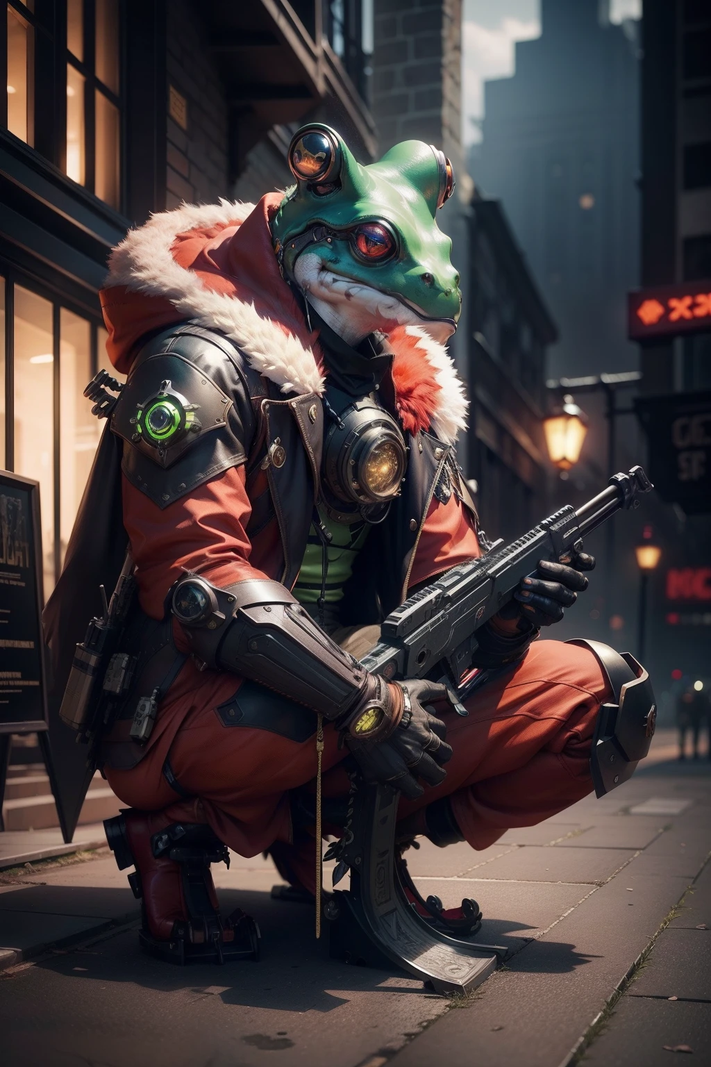 Frog, augmented, metal_body, beautiful_colours, cinematic_background, cinematic_lighting, high_res, red_fur, weapon, sitting_down, fancy_hat, full_body_augmented,steampunk style,mecha