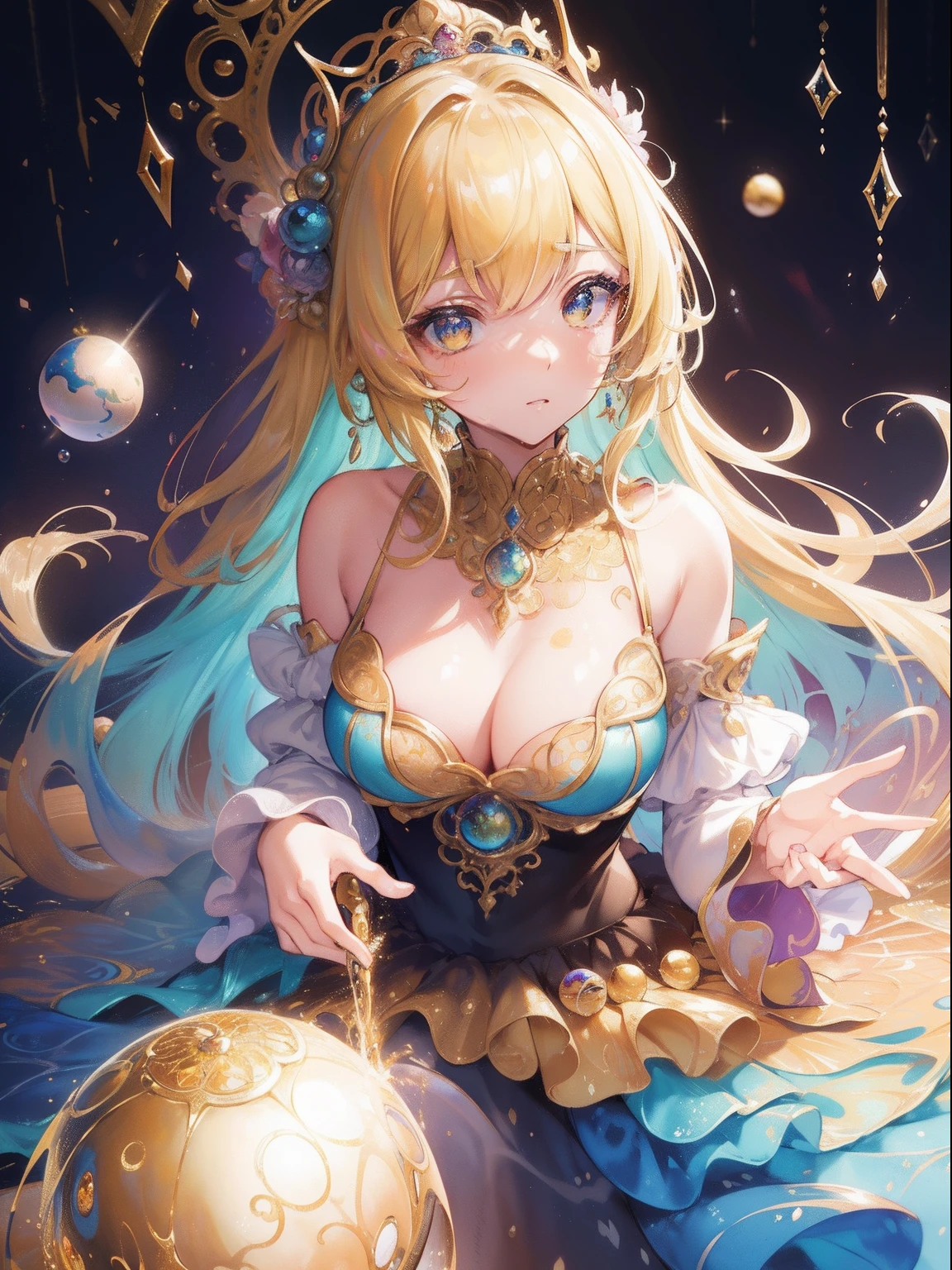 masutepiece, Best Quality, 8K resolution, Sharp Focus, intricate detailes, Beautiful Girl, Sparkling eyes, Golden Ratio Face, Otherworldly liquid, watercolor paiting, Muted colors, Bright colors, capricious, Colorful, Sharp Focus, High resolution, Fine detail, ((Layered Tiered Puffy Long Sleeve Ball Gown)), ((Round eyes)), Iridescent bubbles, Fantasia background