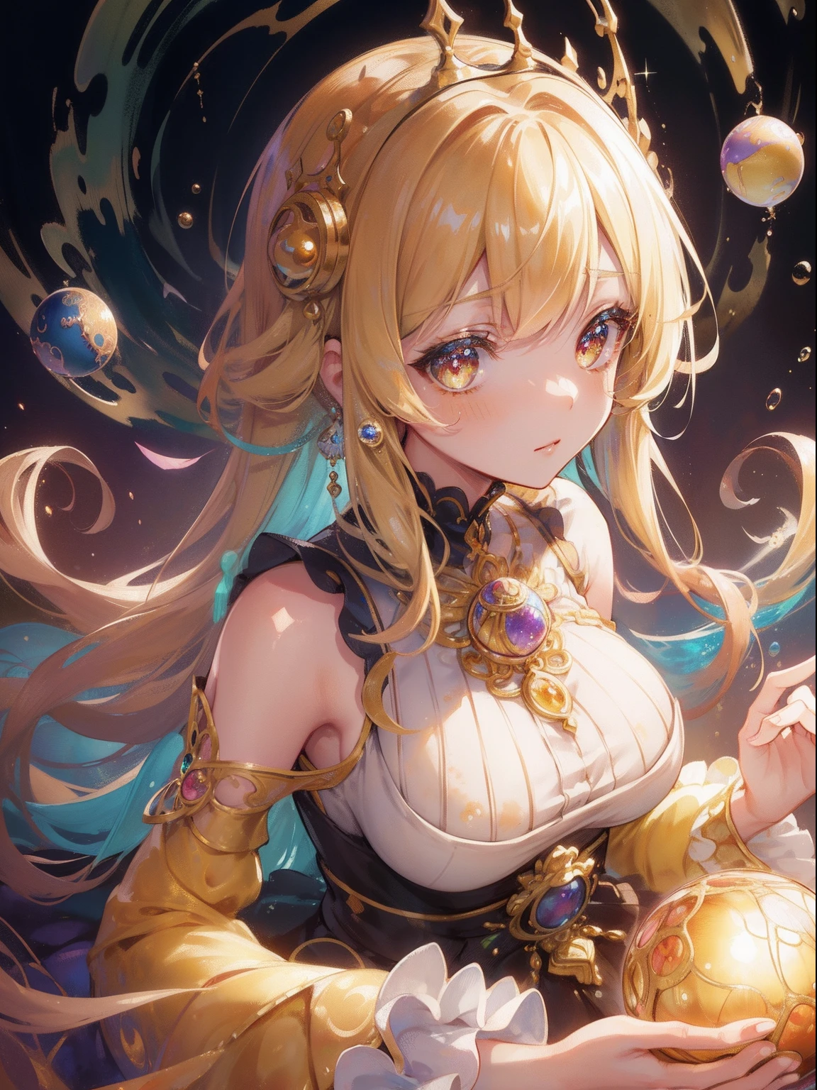 masutepiece, Best Quality, 8K resolution, Sharp Focus, intricate detailes, Beautiful Girl, Sparkling eyes, Golden Ratio Face, Otherworldly liquid, watercolor paiting, Muted colors, Bright colors, capricious, Colorful, Sharp Focus, High resolution, Fine detail, ((Layered Tiered Puffy Long Sleeve Ball Gown)), ((Round eyes)), Iridescent bubbles, Fantasia background