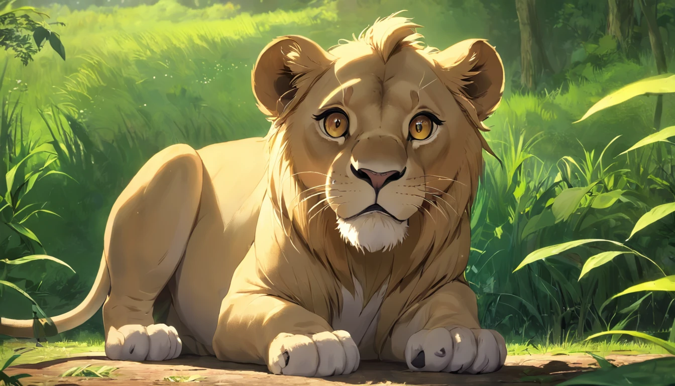 Cute little lion,Capacho,vivid expressions,Jogue na grama verde,Bite your own tail,vivid expressions,luz suave natural,Filtro de foco suave,ultra-claro,Hiperdetalhamento,8k,uma imagem,3Drenderingof, cercado por animais da floresta
