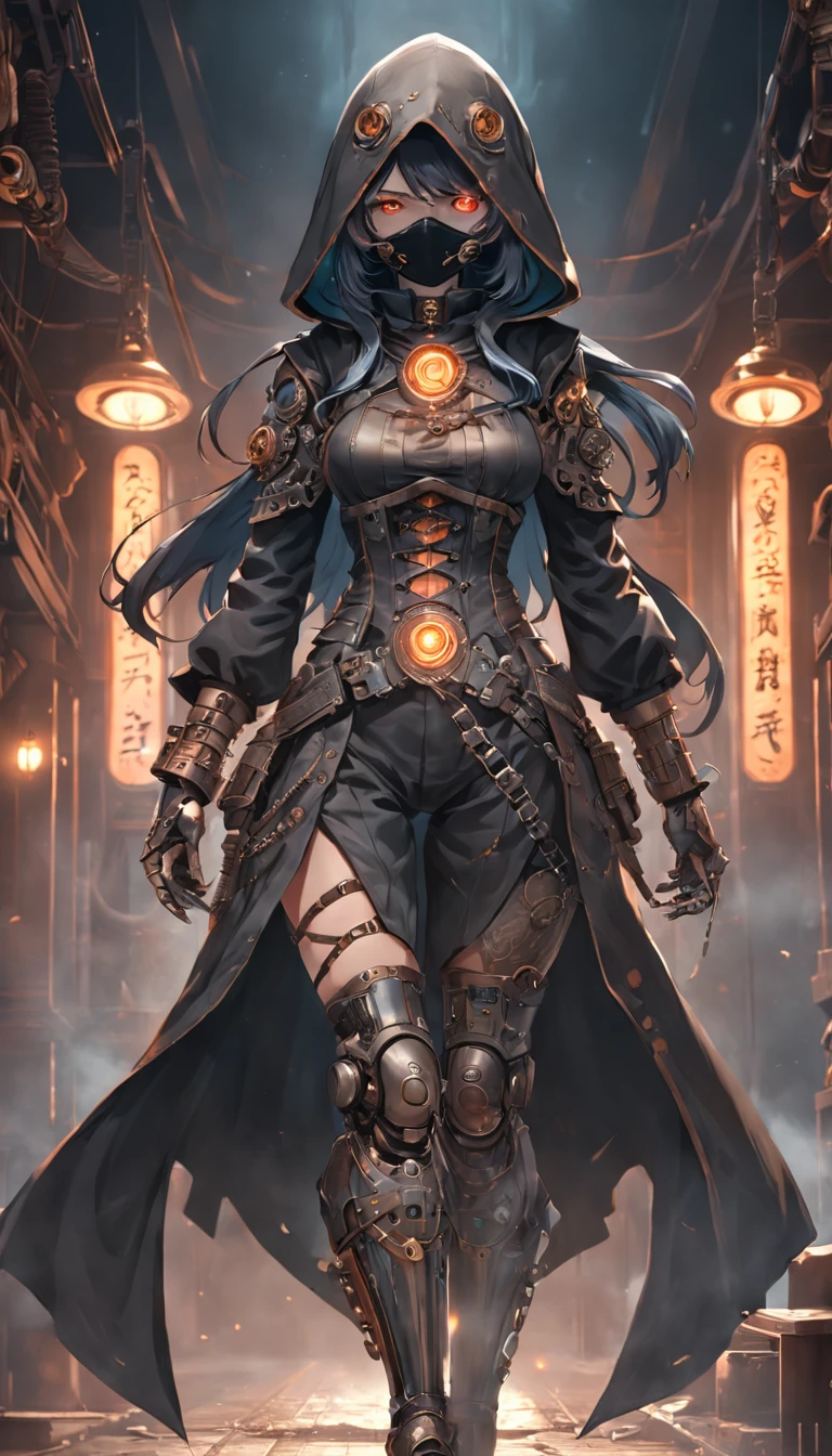 (Ghost of the Black Hood:1.5), (extremely detailed CG unity 16k wallpaper:1.1), (Denoising strength: 1.45), (tmasterpiece:1.37), (Full body posing:1.4:), whole-length; head to toe; up front view; Glowing eyes; steampunc; Clockwork; Demonic vibe; steampunc; whole-length; head to toe; up front view;