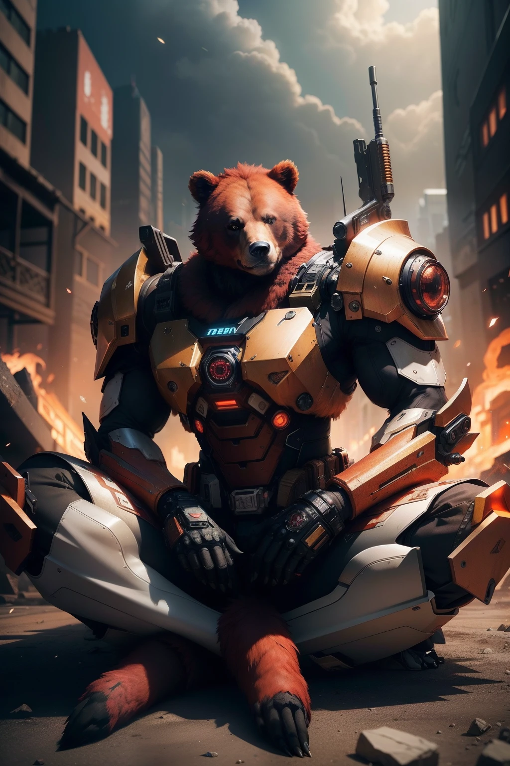 bear, augmented, metal_body, beautiful_colours, cinematic_background, cinematic_lighting, high_res, red_fur, weapon, sitting_down, fancy_hat, full_body_augmented,steampunk style,mecha