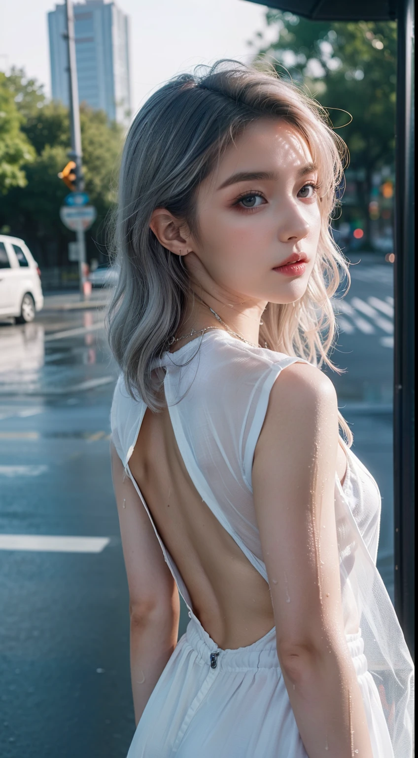 ((Cinematic Lights, Top Quality, 8k, Masterpiece: 1.3)), Slender Abs Beauty 1 Person: 1.4, (Ted White Hair), White High Neck Dress, Small, Seductive Open Lip, Beach, Ultra Detailed Face, Detailed Eyes, Double Eyelids, Above Waist Portrait
