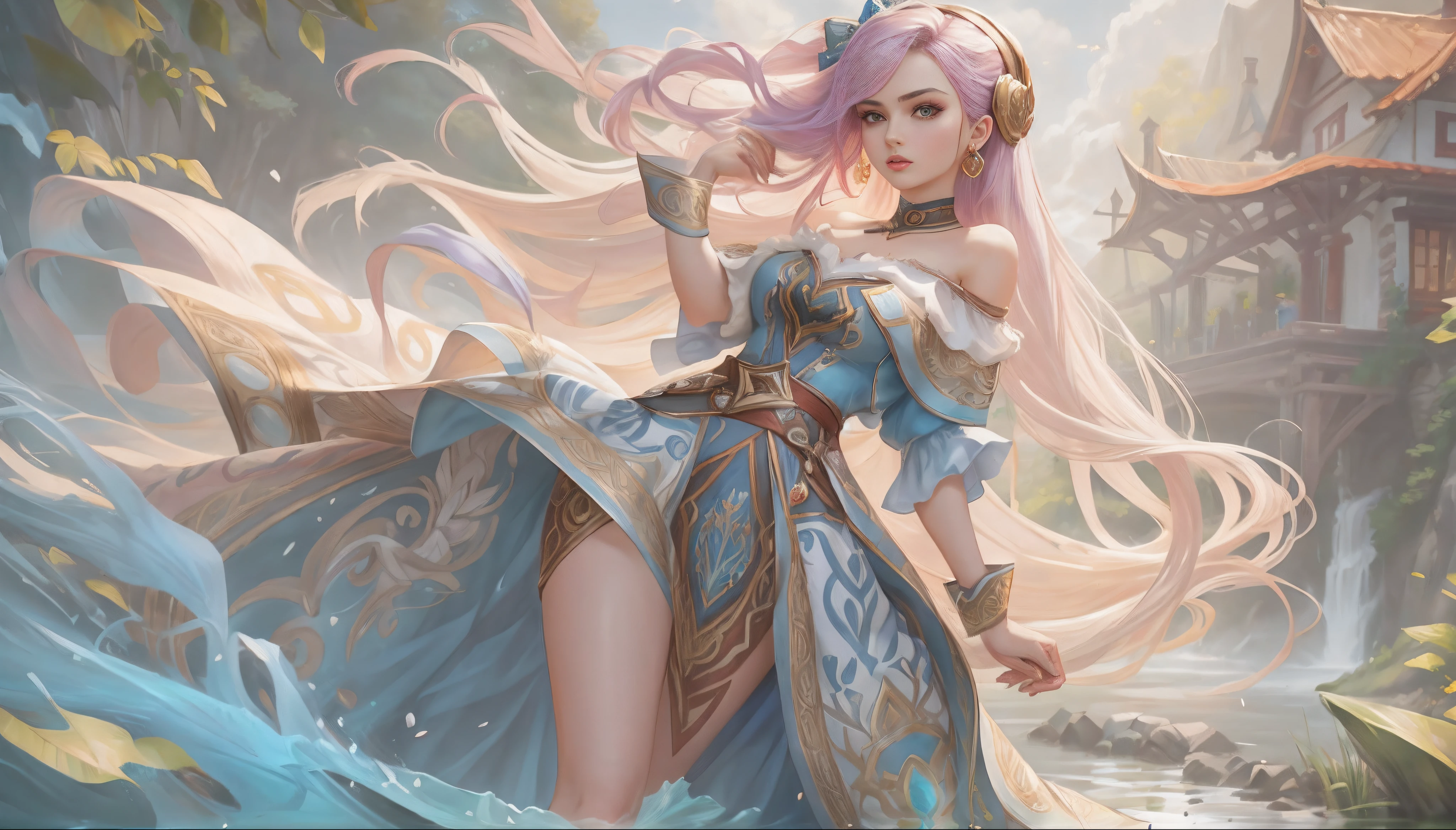 style of league of legends,Woman in off-the-shoulder clothes,Life-size colorful long hair,Serious expressions,Complex clothing,Beautiful patterns are engraved on clothes,Fair and attractive thighs are exposed,The long skirt swayed in the wind,Creek reflection