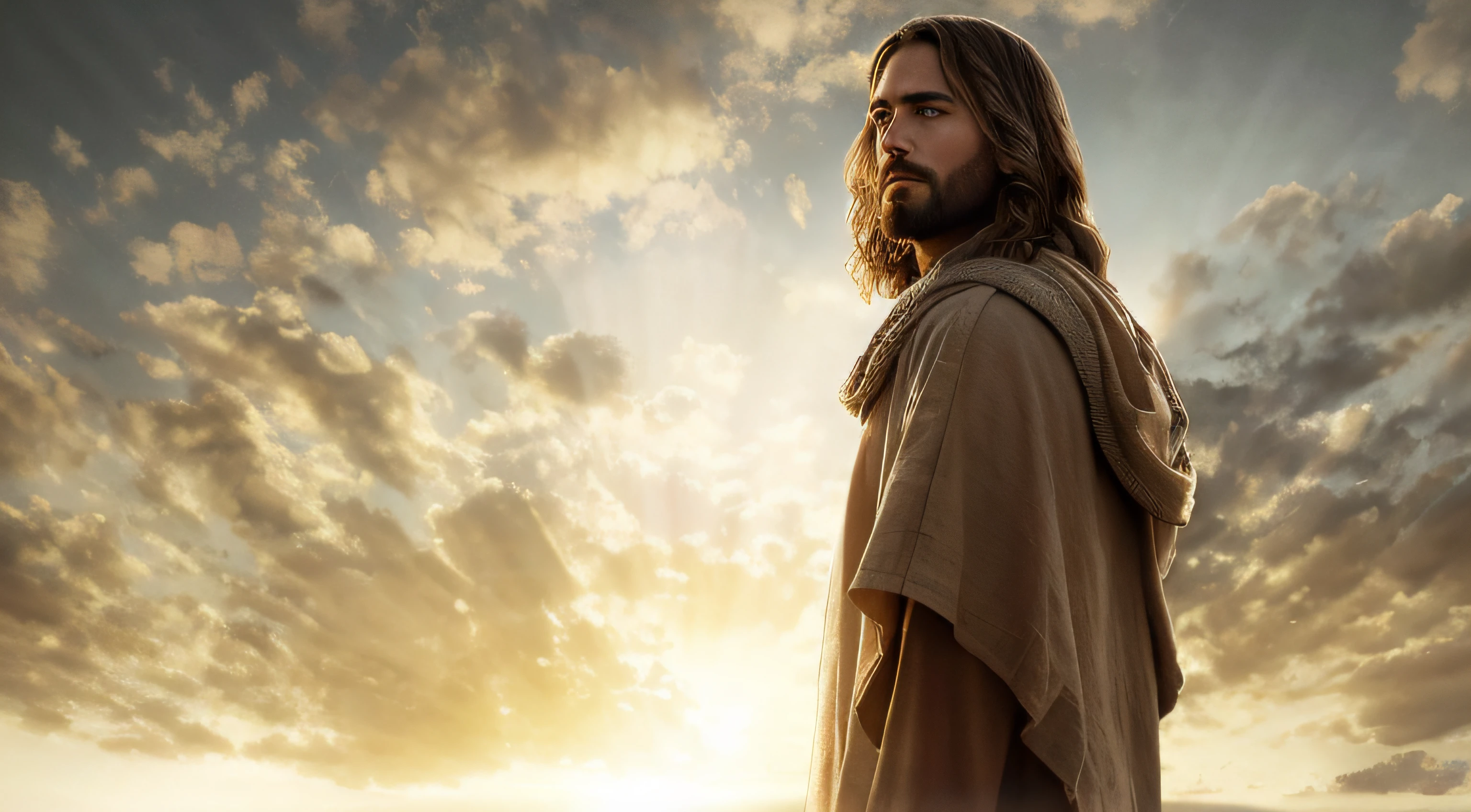 jesus standing in the desert with a sky background, jesus christ, jesus of nazareth, dressed like jesus christ, portrait of jesus christ, jesus, the lord and savior, bright light masterpiece, greg olsen, by Kurt Roesch, sun behind him, young almighty god, king of kings, biblical epic movie, wonderful scene, glorious light, beautiful scene, jesus face