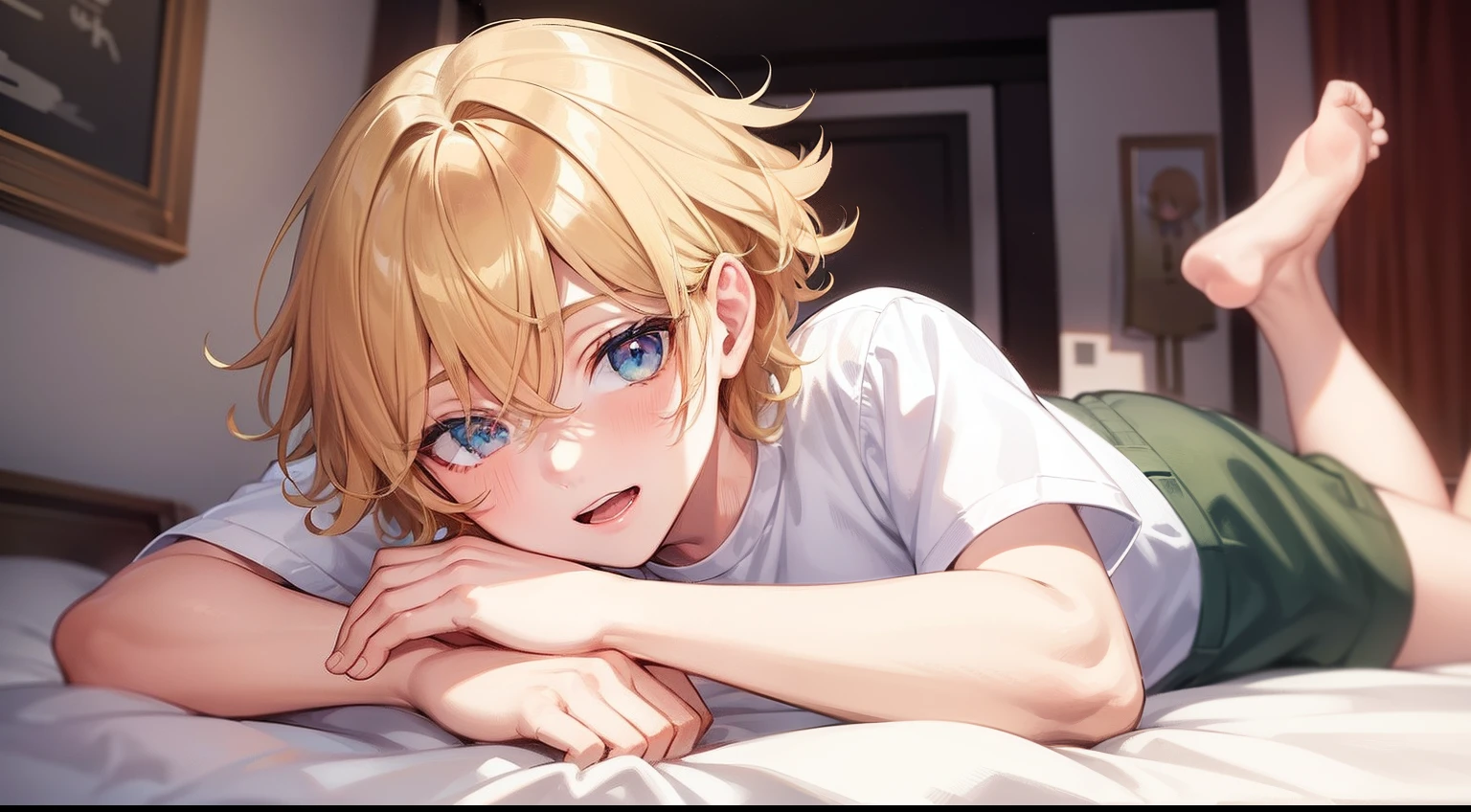 superfine illustration,Animated,1man,Adult man,bed,heart on eyes,Guy,man,Short hair,Curly hair,Parted bangs,Blonde hair,Brown pants,Eyes are light green,White skin,a bed,laugh,natta