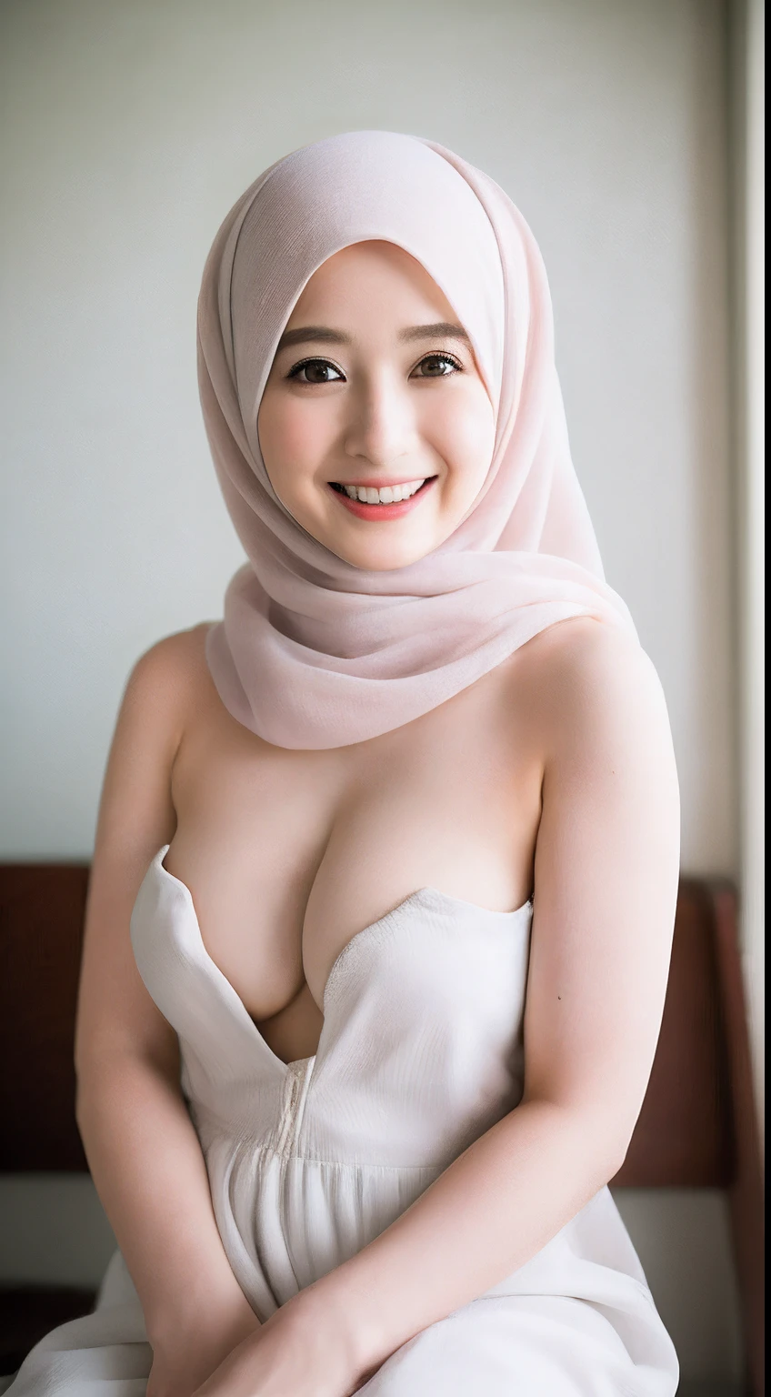 (RAW photo, best quality), (realistic, photo-realistic:1.3), 1 girl, solo girl, teens, full body photo, facing the viewers, extremely delicate and beautiful, Amazing, finely detail, masterpiece, ultra-detailed,a lovely female removing muslim dress in the bathroom,pashmina hijabs, hijab, removing the dress, topless, no bra, detailed breast,shine eyes, immersing shy smile, No hair seen, sharp focus, 8k UHD, high quality, apertur f/1.4, medium breast, no bra, bukkake, sit on the chair