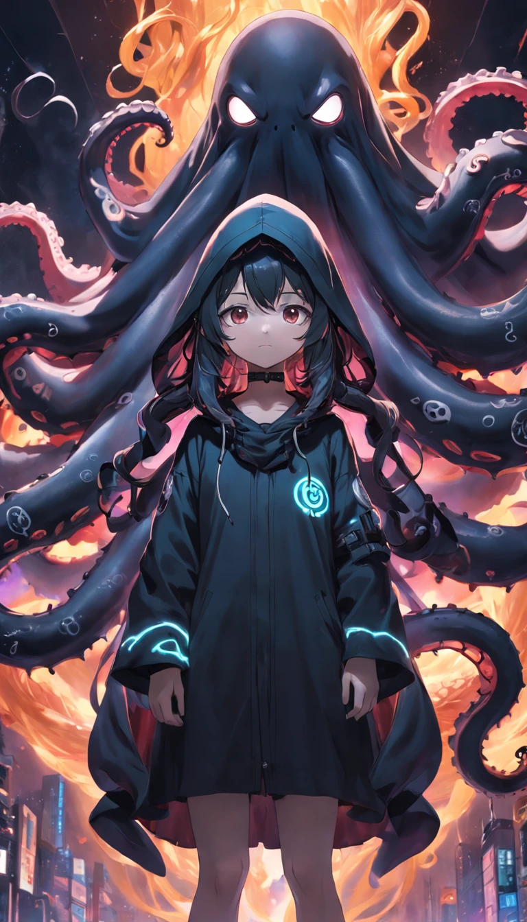 (A combination of a ghost and an octopus wearing a black hood:1.5), (Extremely detailed CG Unity 16k wallpaper:1.1), (Noise Removal Strength: 1.45), (tmasterpiece:1.37), (Pose all over the body:1.4:), whole-length;